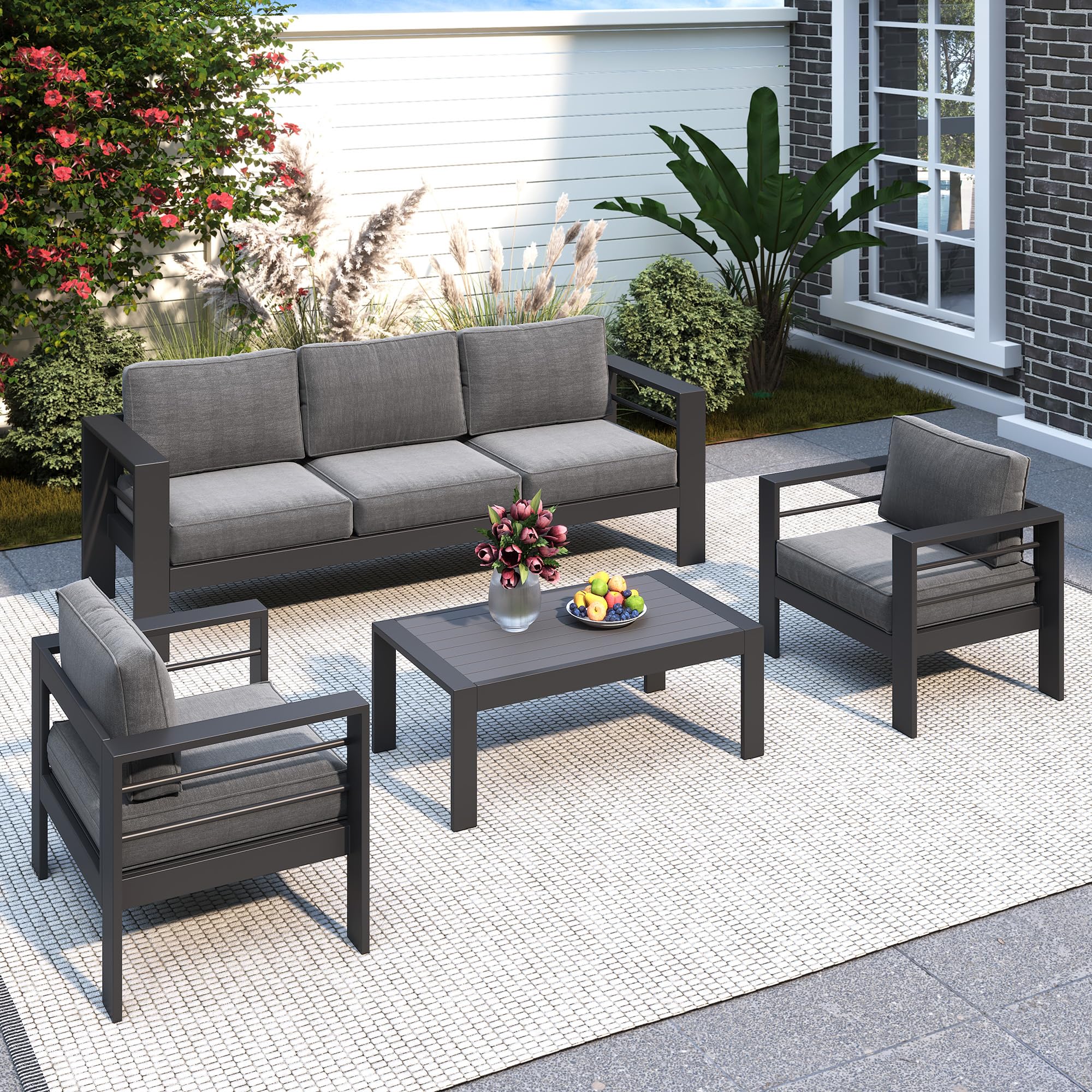 Solaste Aluminum Patio Furniture Set, 5 Seats Modern Outdoor Conversation Set Outdoor Furniture Set with Upgrade Cushion and Coffee Table,Dark Grey