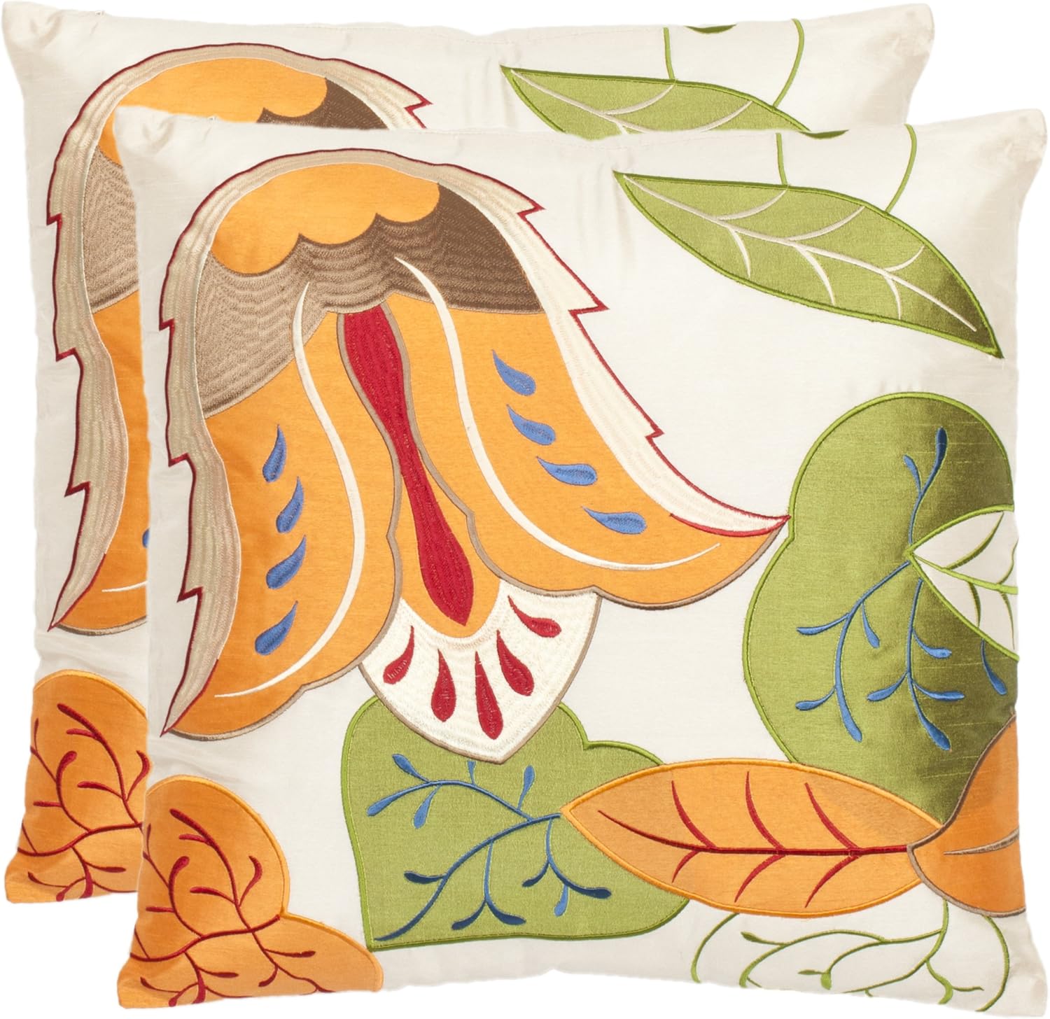 SAFAVIEH Pillow Collection Summer Garden 18-Inch Cream Embroidered Decorative Pillows, Set of 2