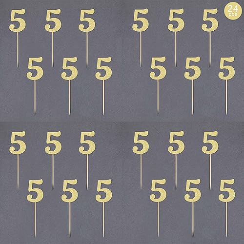 Miniatura 3 de Gexolenu 24 piezas doradas de doble cara para cupcakes de 5 cumpleaños, decoración con purpurina para tartas de cinco años, decoraciones de fiesta