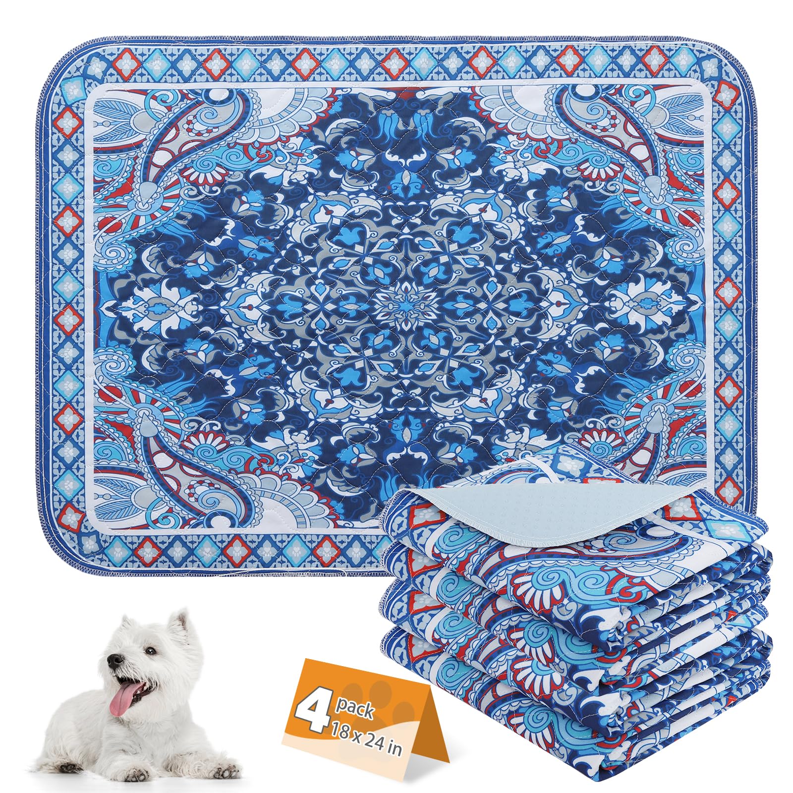 KOOLTAIL Washable Pee Pads for Dogs, 4 Pack Super Absorbent Reusable Puppy Training Pads Waterproof, Nonslip and Leak-Proof Dog Pee Pads, Large Pet Mats Whelping Pads for Floor, Crate, Couch 18"x24"