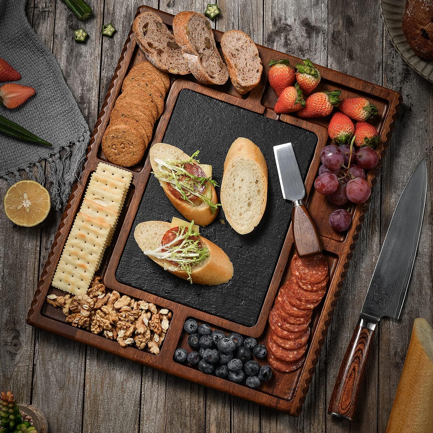 🛒 Crazy Deals Shanik Upgraded Acacia Cheese Board Set, Square Shaped Charcuterie Set, Cheese Platter with Double Sided Slate, Handcrafted Design and Stainless Steel Cutlery Set - For any Occasion