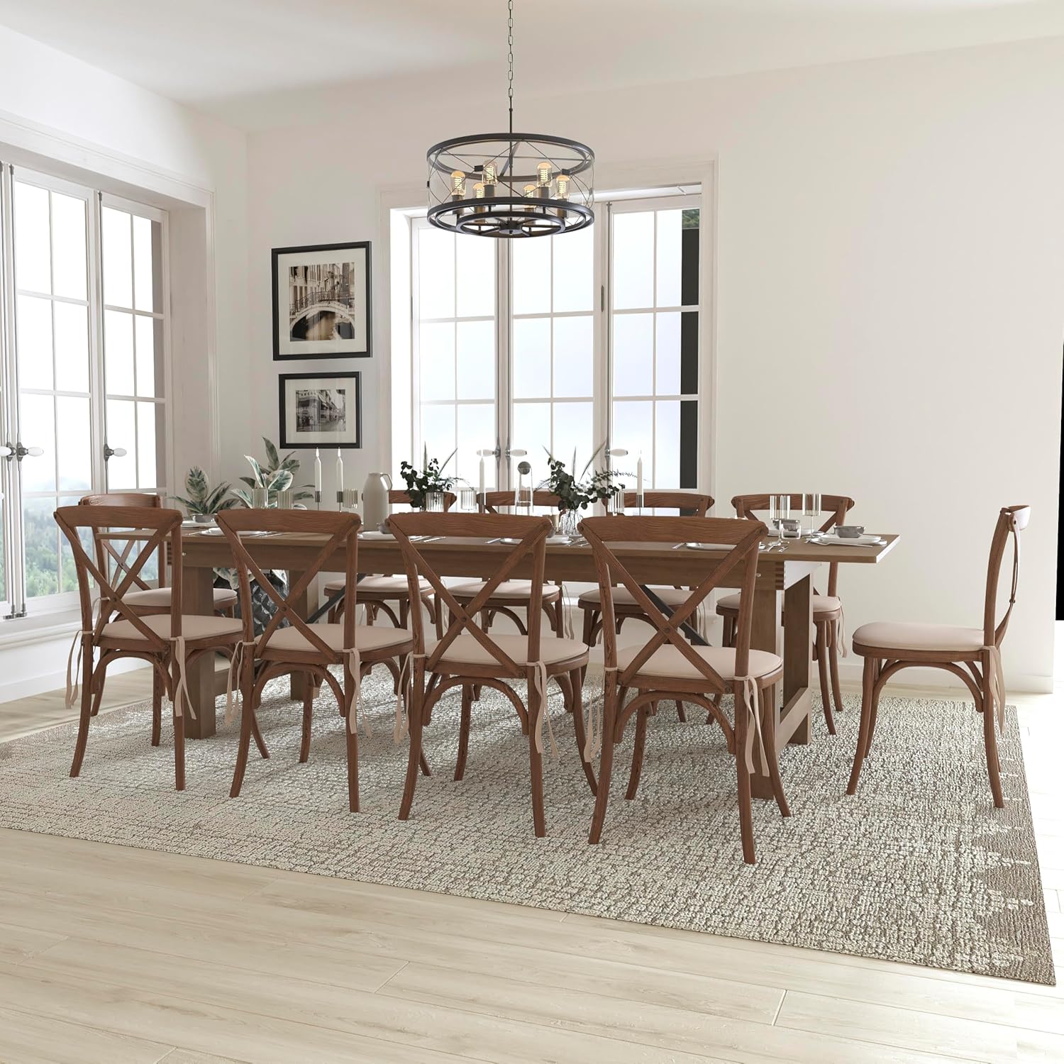 Flash Furniture HERCULES Series 9' x 40'' Antique Rustic Folding Farm Table Set with 10 Cross Back Chairs and Cushions