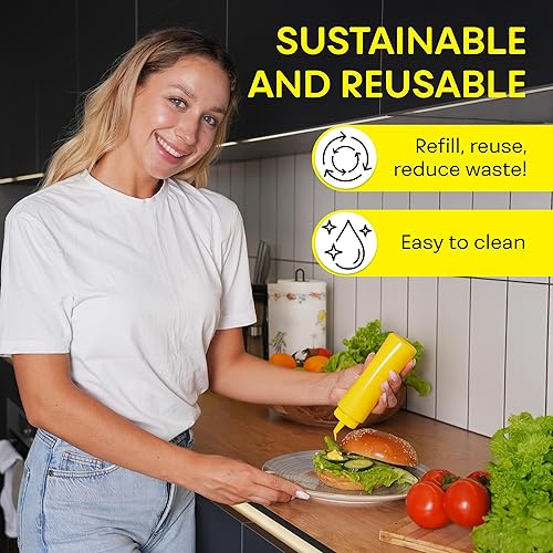 Miniatura 7 de BRIGHTFROM Botellas exprimibles para condimentos, color amarillo, botella vacía de 8 onzas con cuello ancho, ideal para salsa de tomate, mostaza,