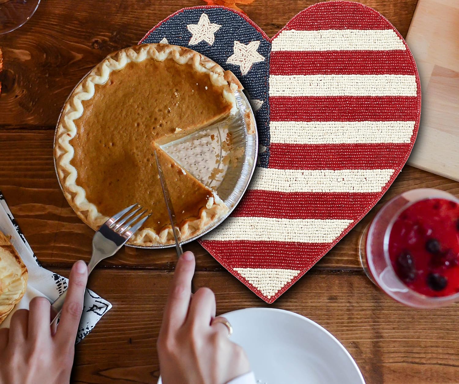 Lightnpro Heart-Shaped Beaded Placemat Set of 2 - Handmade Charger Mat -Patriotic Table Decor for 4th of July, Independence Day, Memorial Day, Family Gathering, Summer Parties -13 Inch Red White Blue