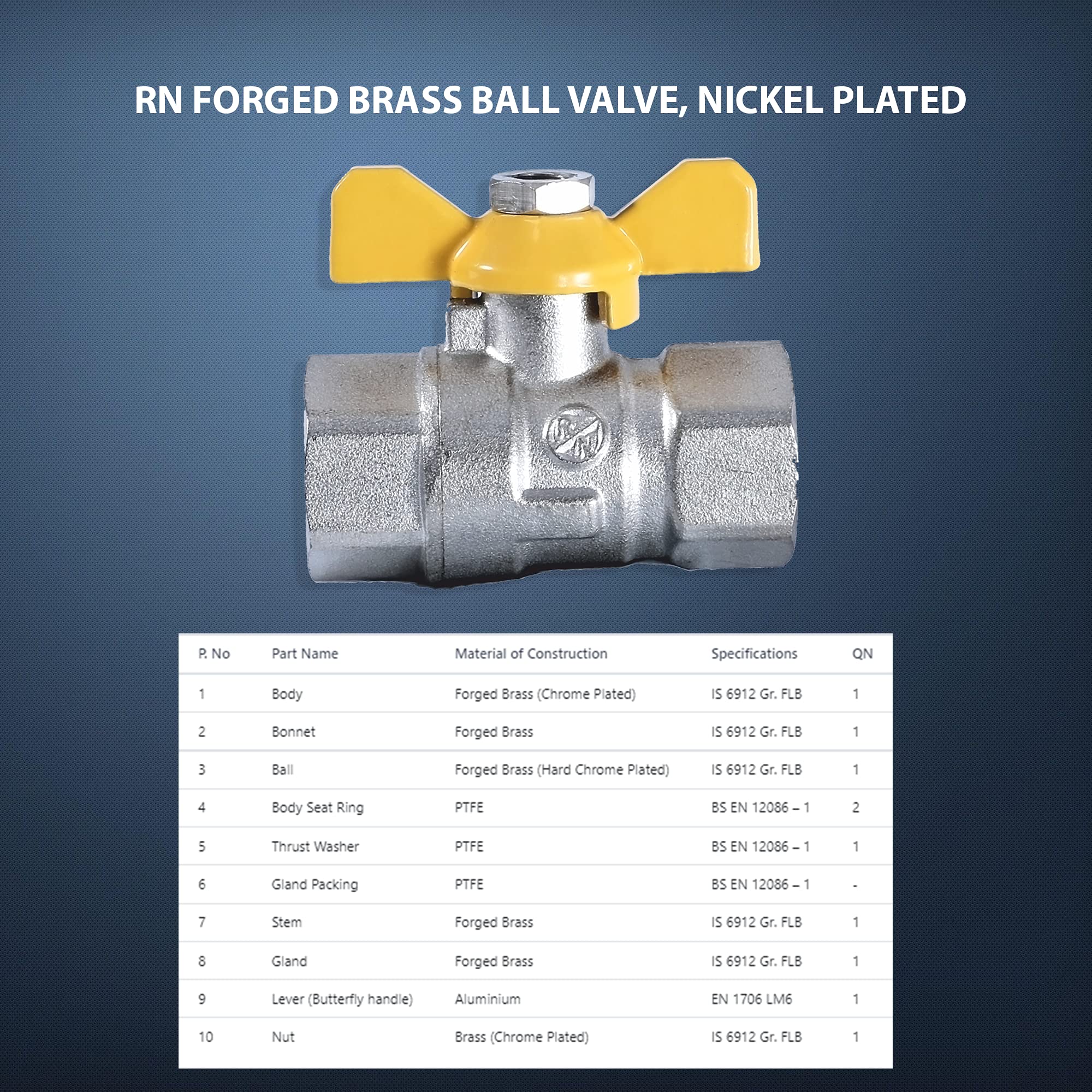 RN Forged Brass Ball Valve, Nickel Plated