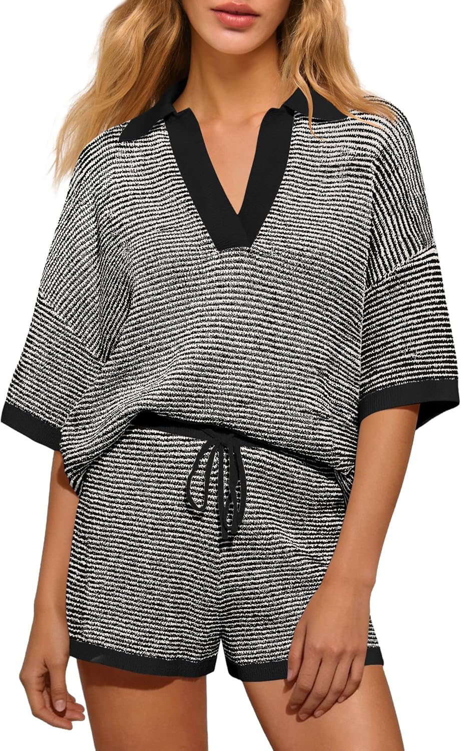 Yanekop Womens Striped Lounge Set 2 Piece Summer Shorts Sets Short Sleeve Sweater Sets Loungewear Beach Vacation Outfits