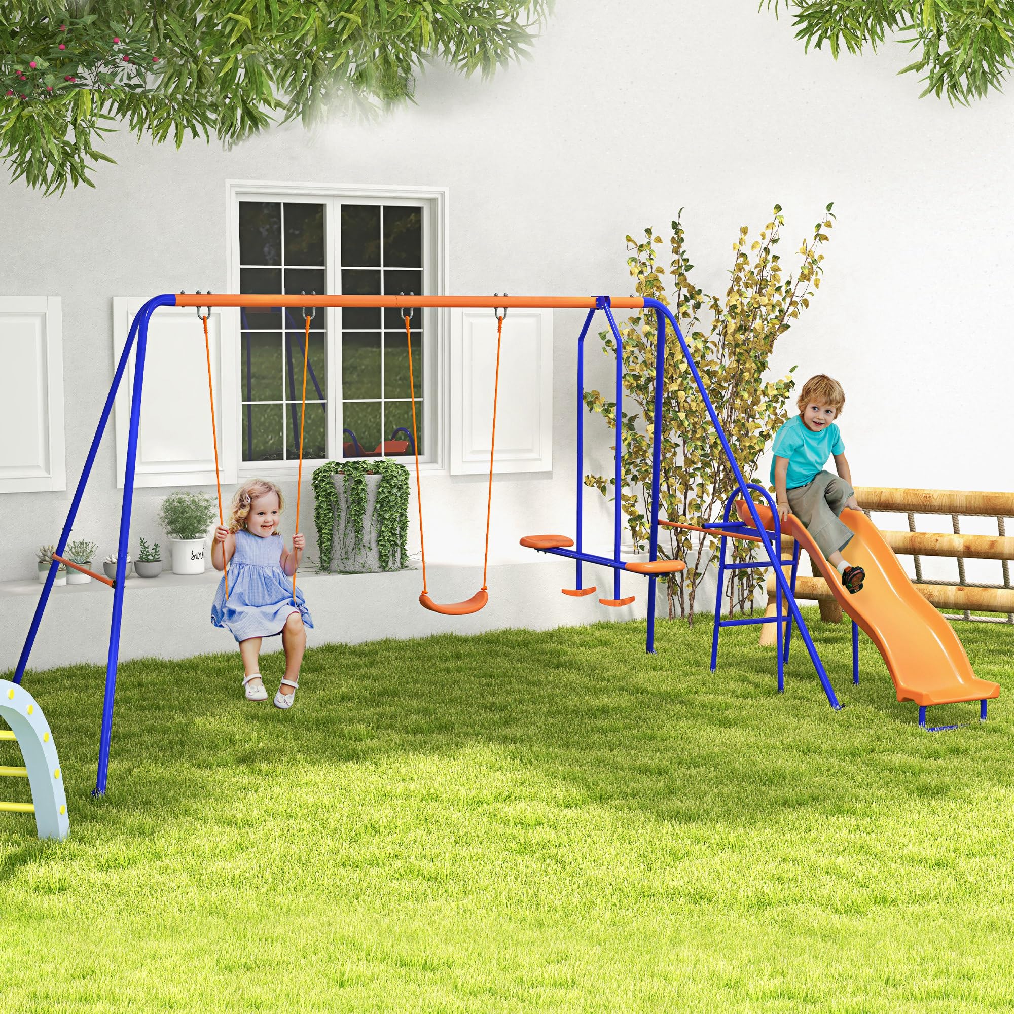 Outsunny Set altalena 4 in 1 metallo giardino per bambini 3-8 anni