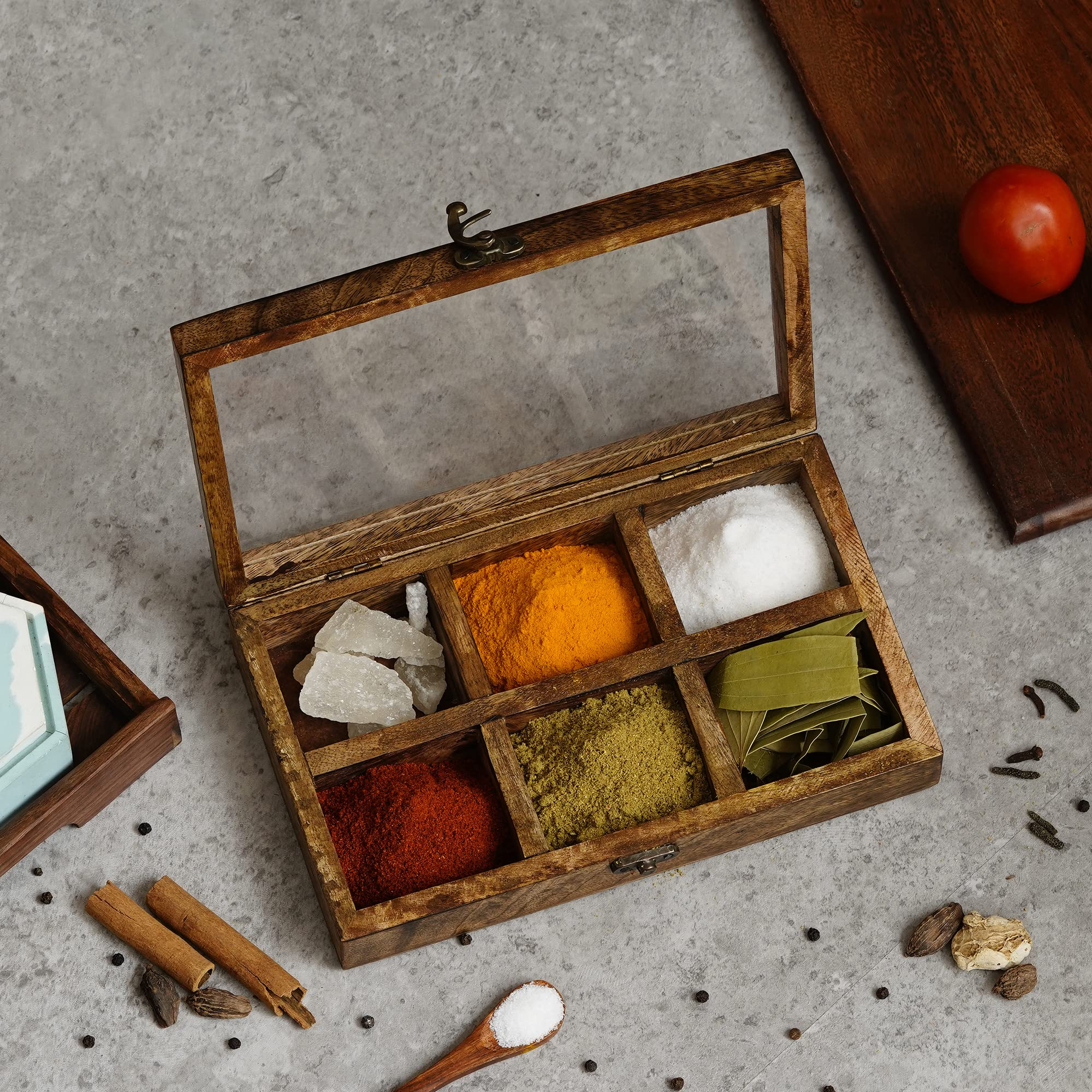 eCraftIndia 6 Rectangle Compartments Handcrafted Wooden Spice Box