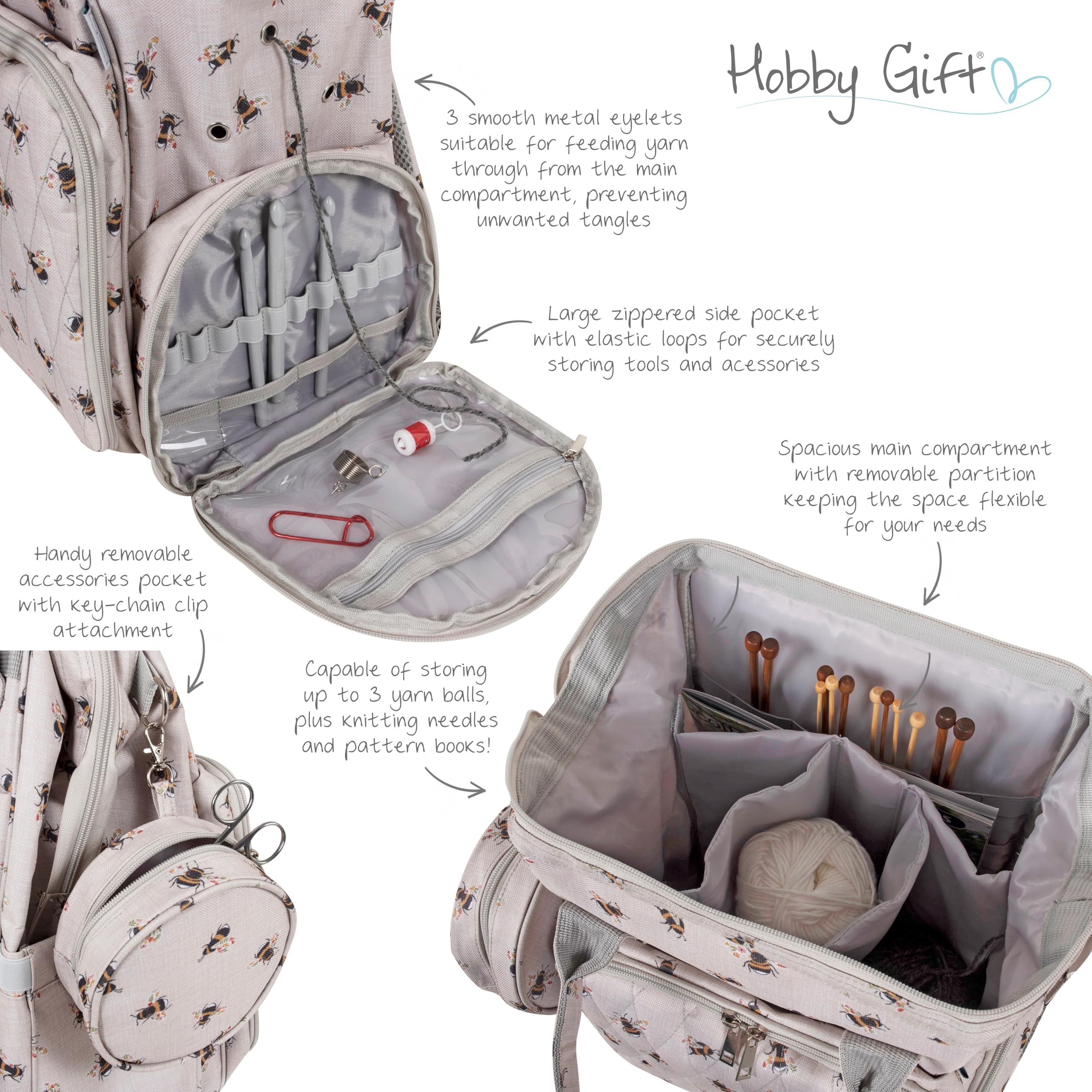 Hobby Gift Plecak Crafters Bee - wytrzymały, wodoodporny plecak do przechowywania włóczki z wieloma przegrodami, panelem organizacyjnym i wzmocnionymi otworami na włóczkę Wygodne, 28x24x43cm