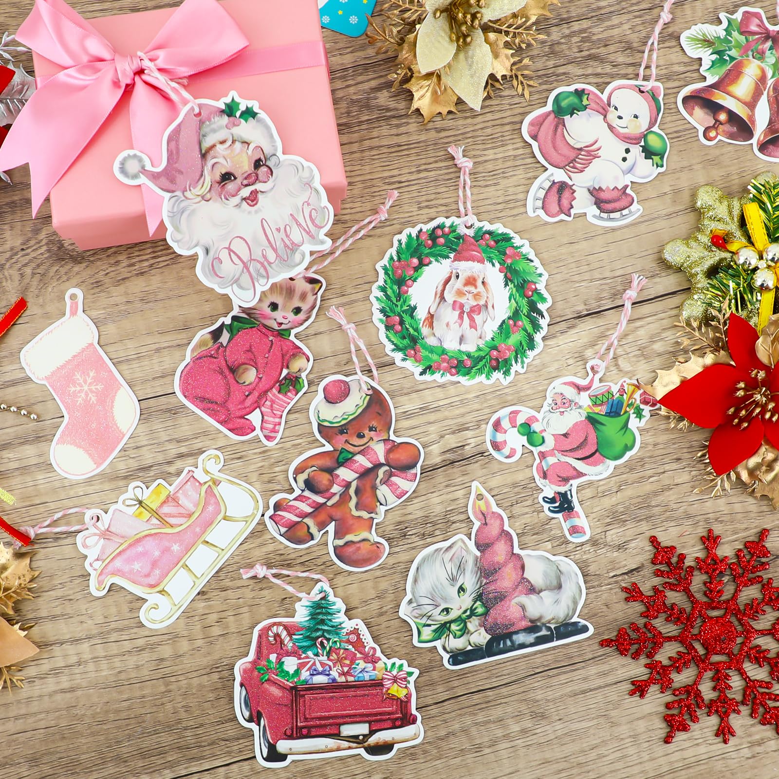 104 Stück rosa Vintage-Weihnachts-Geschenkanhänger, Frohe Weihnachten, Papier-Geschenkanhänger mit Schnur, Weihnachtsanhänger zum Aufhängen, Namensschilder für Weihnachtsbaum, Winterurlaub