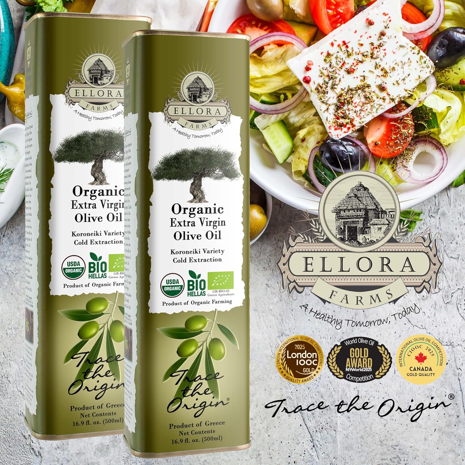 Ellora Farms, Organic Extra Virgin Olive Oil, High in Phenols, Cold Press, Traceable Single Origin Extra Virgin Greek Olive Oil, Kosher, 17 oz. tin, Pack of 2
