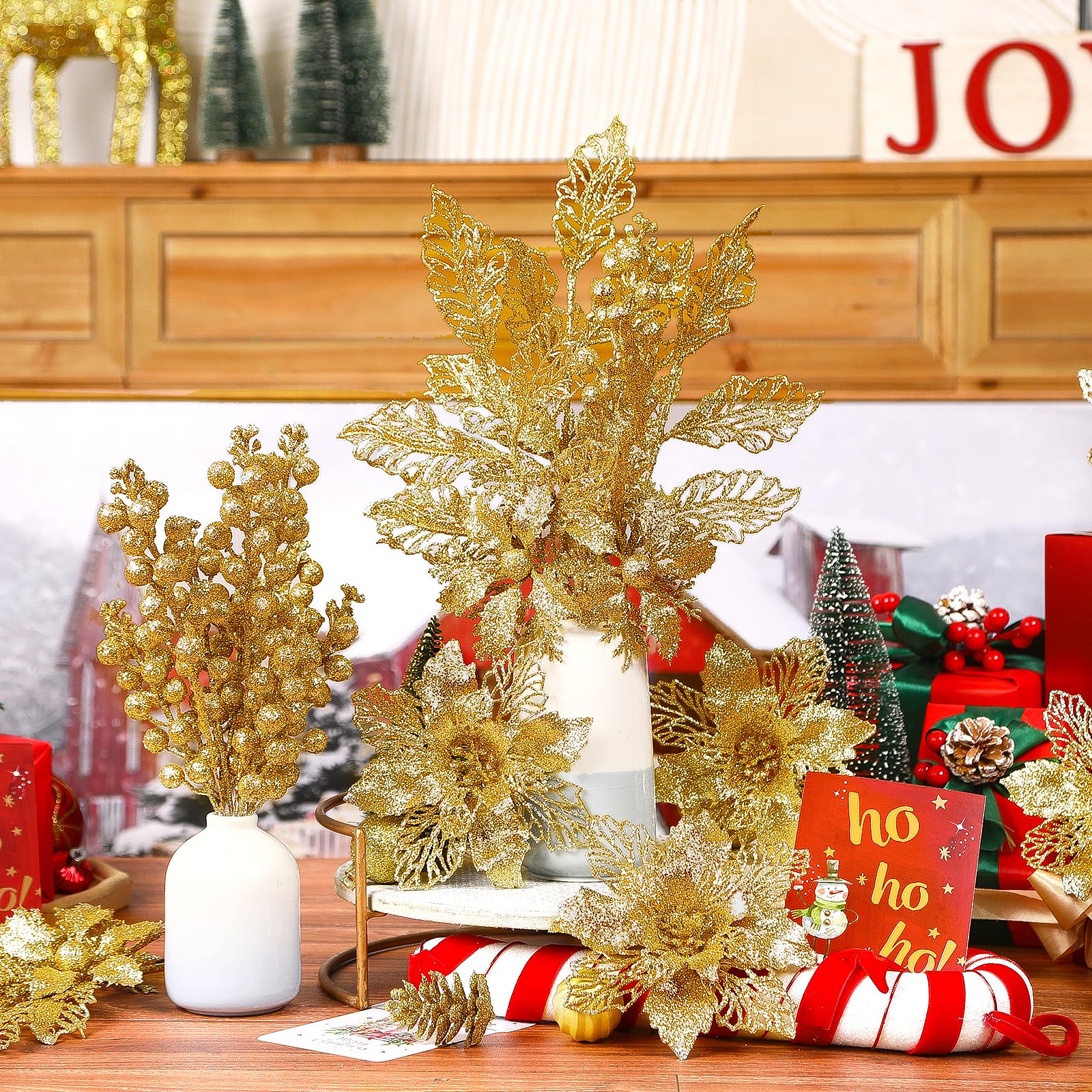 Alupssuc Künstliche Glitzer-Weihnachtsbaum-Picker, 12 Weihnachtssterne + 6 Beerenstiele + 6 Beerenblätter, Dekorationsset, für drinnen und draußen, goldfarben, 24 Stück