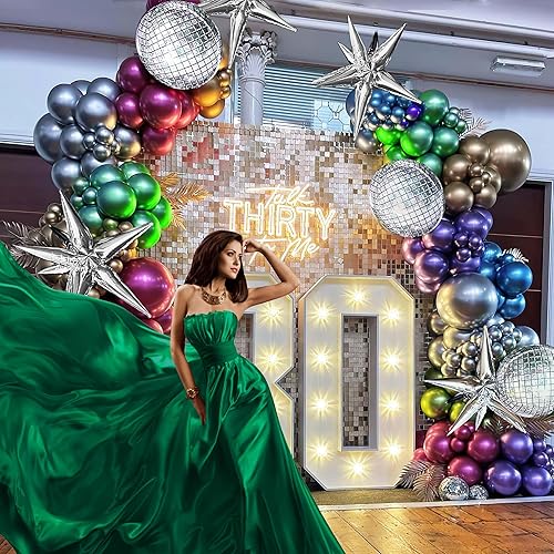 Miniatura 5 de Kit de guirnalda de globos metálicos, 150 unidades, color rosa intenso, morado, verde, azul, plateado, dorado, látex, estrella de los años 80 y 90,