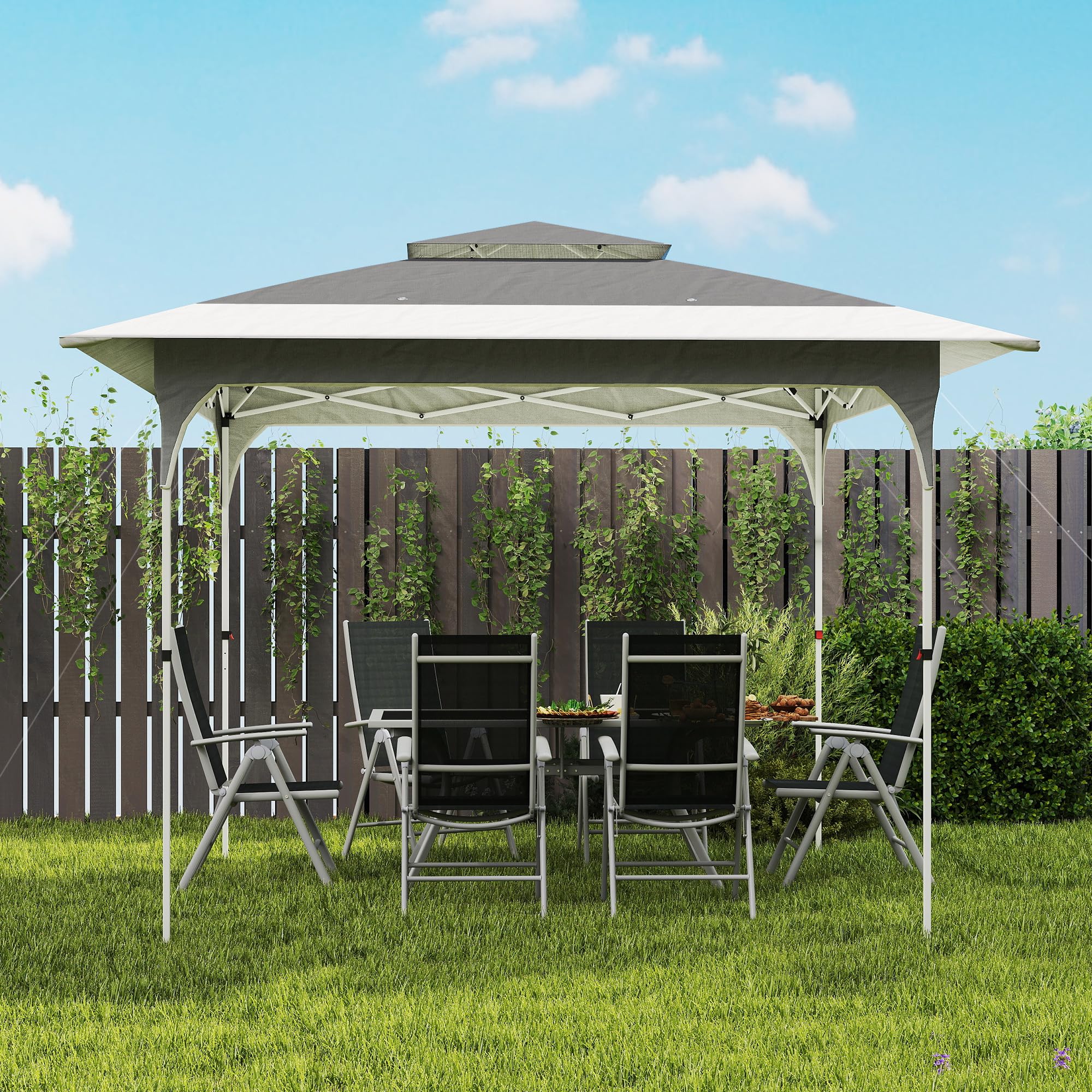 Outsunny Gazebo Pieghevole 3.5x3.5 m Pop Up Facile Montare con Pulsante Centrale, Gazebo da Giardino Altezza Regolabile con Tetto Doppio, Borsa da Trasporto, UV50+, per Esterno Feste, Grigio Scuro