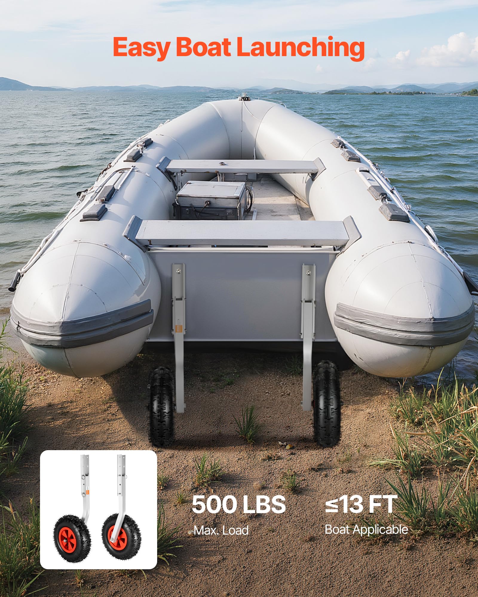 VEVOR Ruedas de Lanzamiento de Barco de 304,8 mm, Carga máxima 226,8kg, Ruedas de Botadura de Acero Inoxidable con 2 Neumáticos de Goma y Pasadores para Transporte, Barco Inflable hasta 4m de Longitud