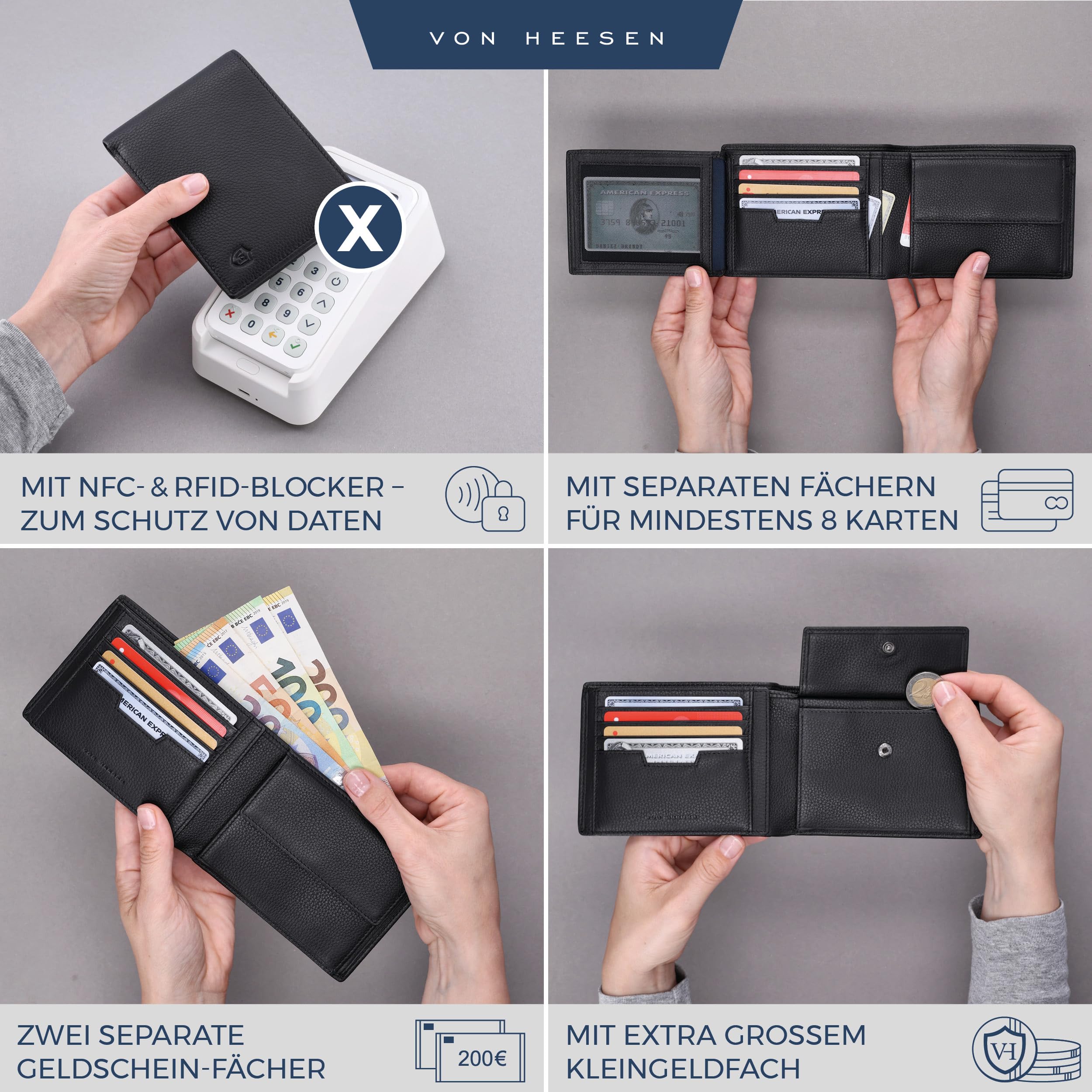 VON HEESEN Leder Geldbörse Herren mit RFID Schutz I Echtleder Geldbeutel für Männer I Münzbörse Portemonnaie Brieftasche Wallet Portmonee (Schwarz)