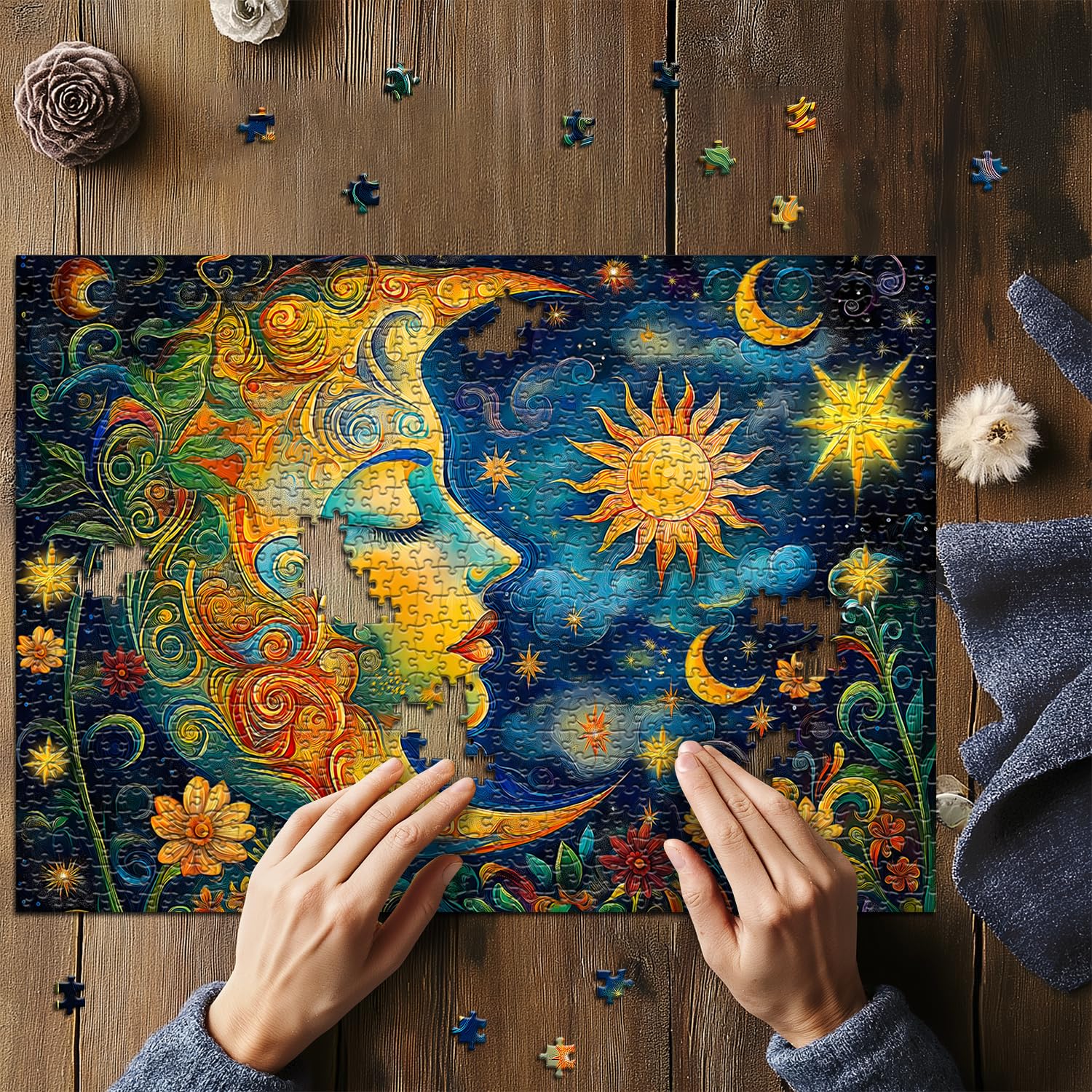 PICKFORU Moon Puzzles for Adults, Starry Night Puzzle 1000 Pieces, Sun Star Flower Art Puzzle, Impossible Difficult Hard Challenging Jigsaw Puzzles for Adults - Image 5