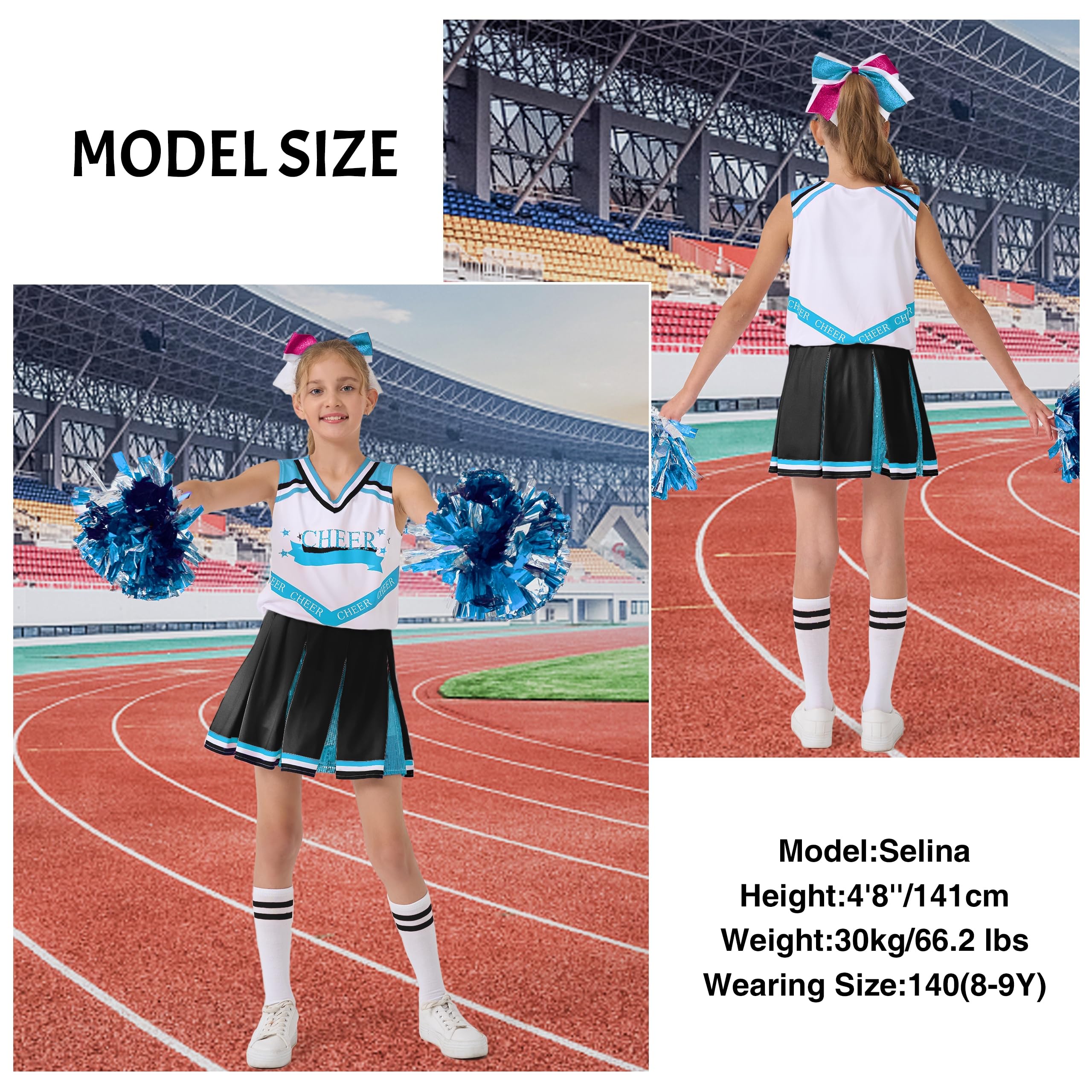 LOLANTA Costume da cheerleader per ragazze, uniforme da cheerleader per bambini con glitter per Halloween | 5 abiti da cheerleader glitterati con calzini e pompon, per Halloween, cosplay, feste in maschera, Natale, 4-15 anni
