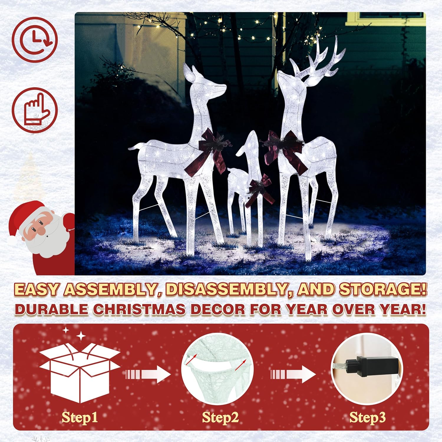 BlueWish Christmas Decorations Outdoor, 3-Piece Sliver Reindeer Christmas Decoration with 200 LED Lights, Pre-lit Outdoor Christmas Decor for Garden, Yard, Porch