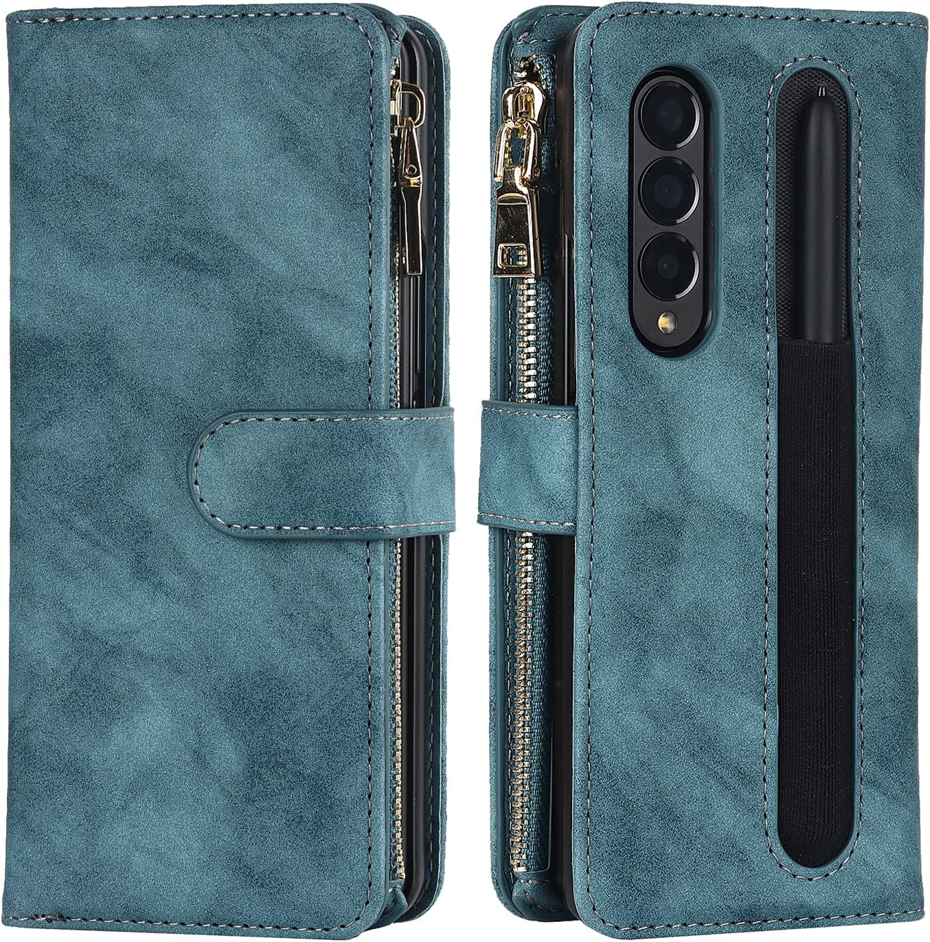 SailorTech Galaxy Z Fold 3 Case, Wallet Case with S Pen Holder 9 Card Holder 1 Zipper Coin Wallet 2 Cash Slot Lanyard Flip Leather Cover Compatible with Galaxy Z Fold3 5G Blue