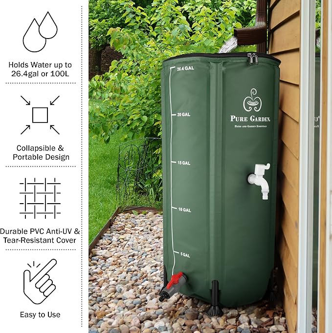 This rain barrel features a spigot for easy access to the collected water, as well as a mesh screen to prevent debris and insects from entering the barrel. The green color of the barrel is both attractive and discreet, blending in with your outdoor environment. Made from durable PVC material, this rain barrel is built to withstand the elements and provide years of use. Overall, the Pure Garden 50-LG1409 26.4Gal/100L Collapsible Rain Barrel is a practical and environmentally friendly solution for conserving water and maintaining a healthy garden. Description by ChatGPT.
