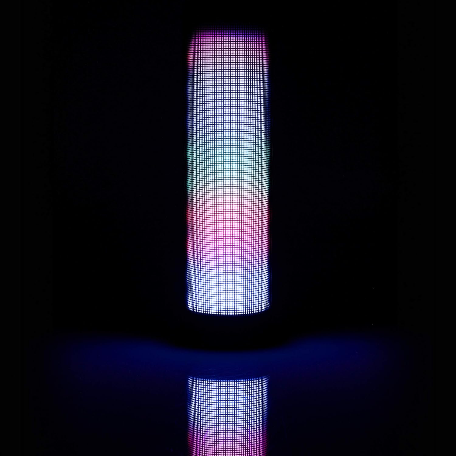 INTEMPO speaker with LED lights illuminated in a dark room