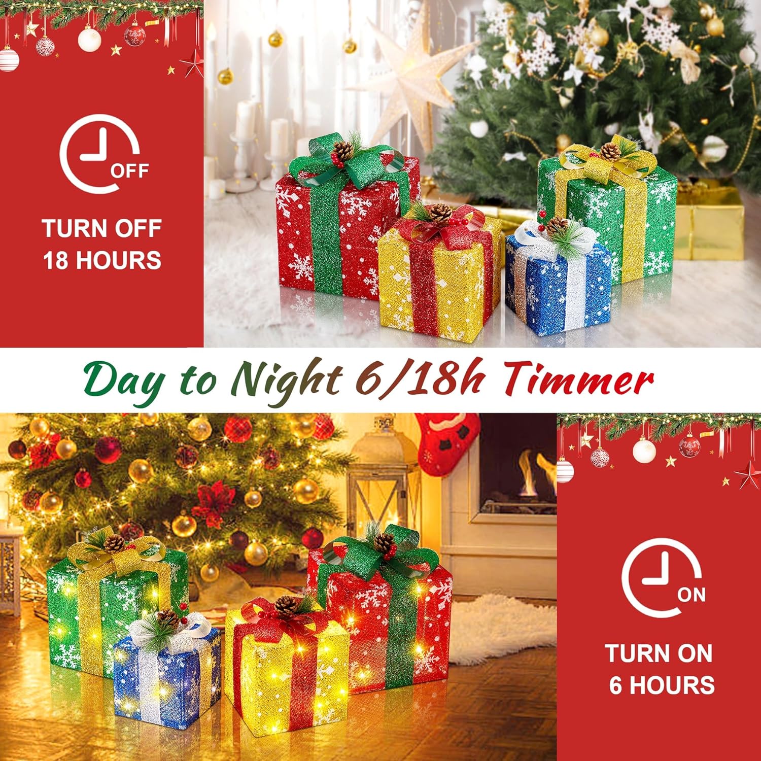 Set of 4 Christmas Lighted Gift Boxes with Plug, Pre-lit LED Light Up Present Boxes for Xmas Tree Porch Decor, Christmas Decorations Indoor Outdoor - Image 3