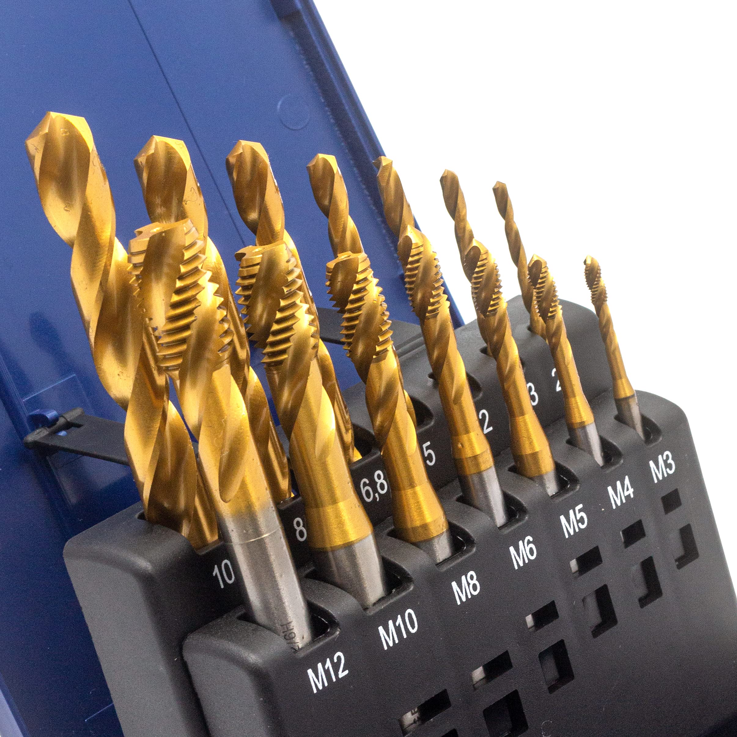 Lot de 14 tarauds pour machine à trou borgne M3, M4, M5, M6, M8, M10, M12 HSSE-Co5 dans une boîte en plastique TiN