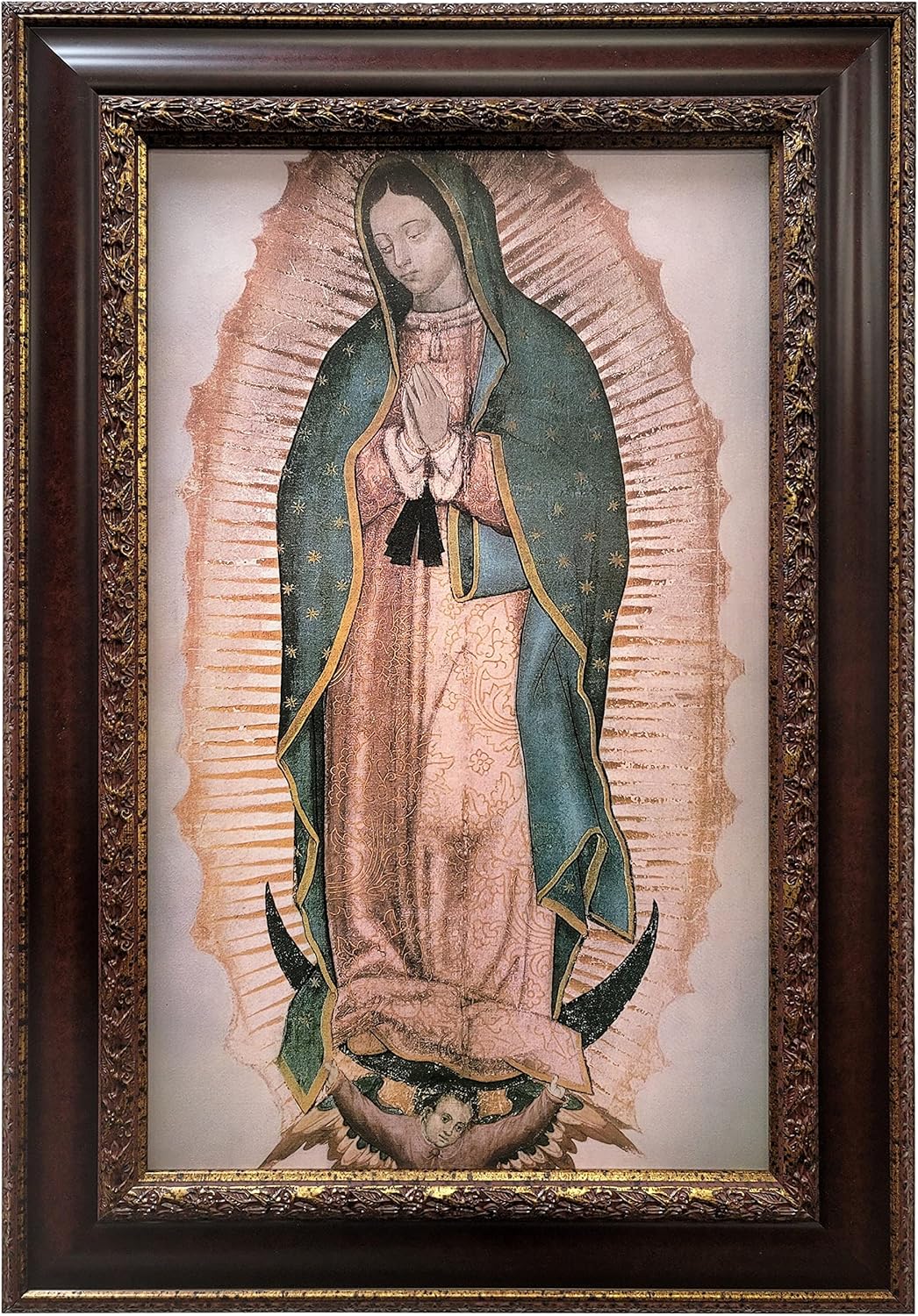 Mom’s Art Studio - Virgen de Guadalupe Wall Decor 37.5 X 26 Inches, Virgin Mary Print, Museum Look Art Frame, Artist’s Acrylic Coating, Wall Art for Home Decor (Small, Brown Gold)