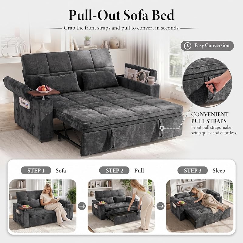 Dreamzie 65'' Convertible Sleeper Sofa Bed with Swivel Side Table, Chenille Pull Out Couch for Living Room, Loveseat Sleeper Couch with Hidden Storage Space | Charging Port | Cup Holders, Grey image 3