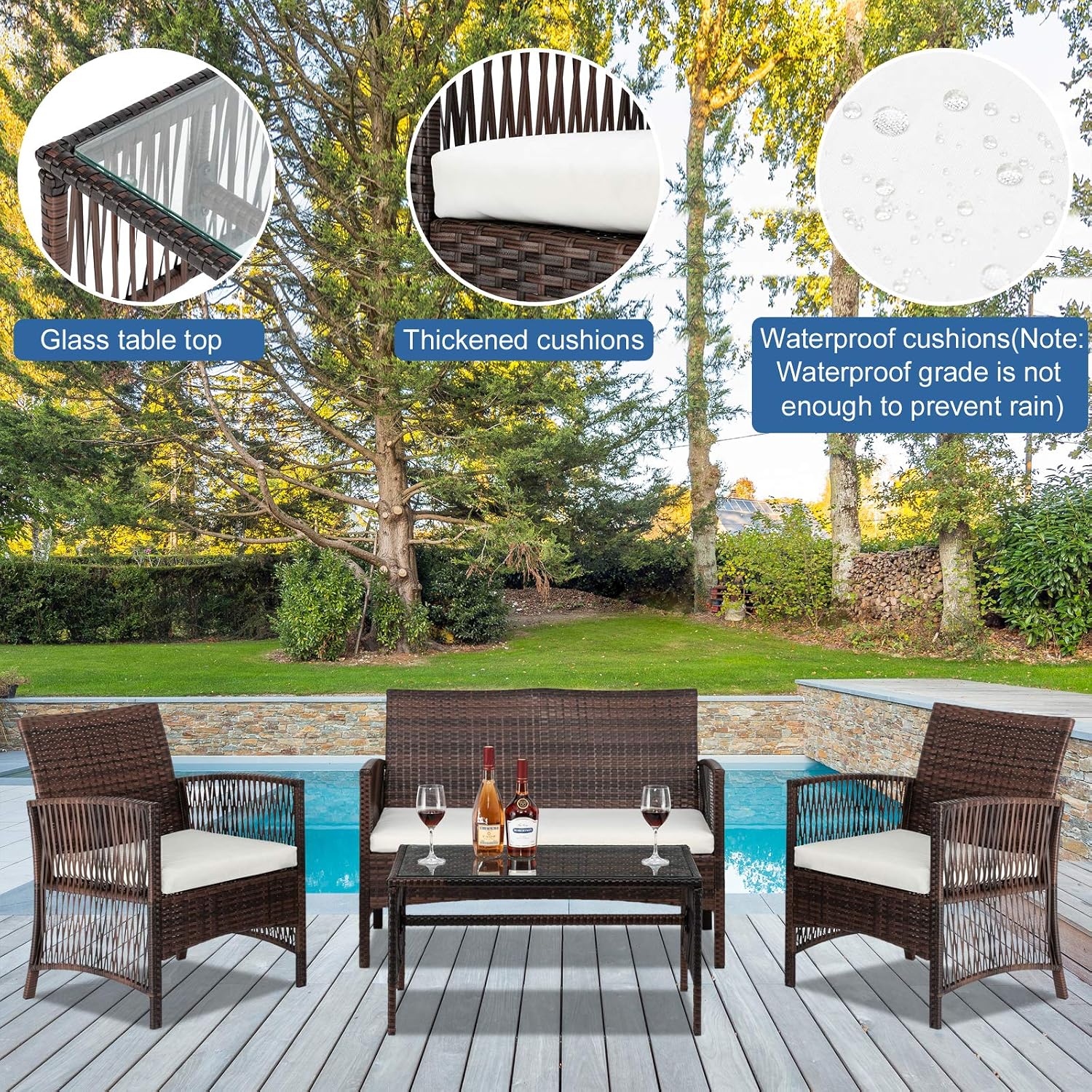 VINGLI 4 Pieces Patio Furniture Set Wicker Outdoor Conversation Set, Front Porch Furniture with Cushions Outdoor Furniture Sets for Yard, Garden,Poolside