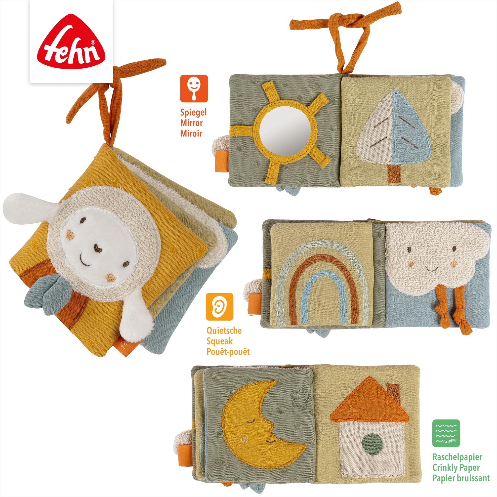 Fehn livre tactile mouton NATUR - Livre pour poussette en tissu - avec couineur, papier bruissant, miroir et cordons de fixation - Livre en tissu pour bébés et enfants en bas âge dès la naissance