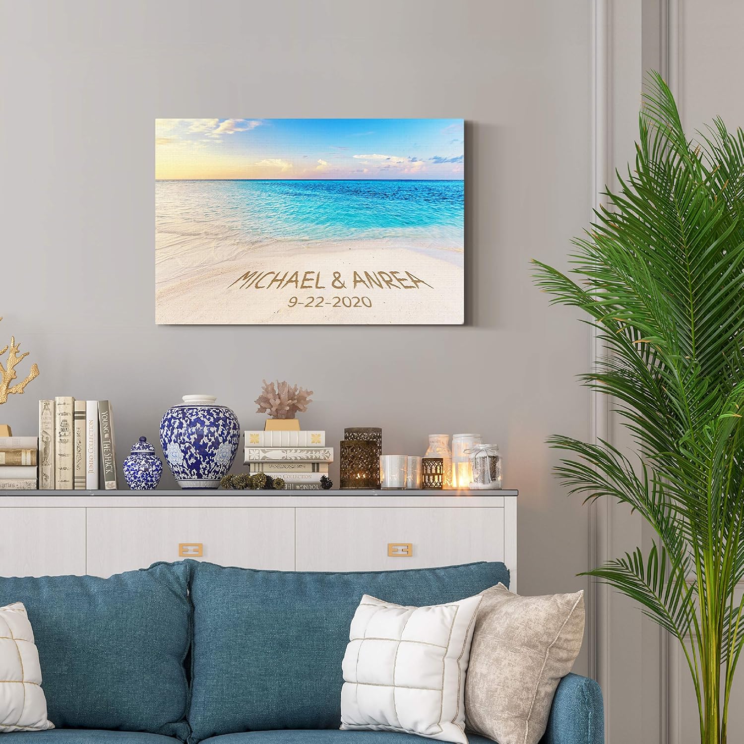 Renditions Gallery Beach Sunrise Personalized with Couple Names & Special Date Canvas Print, Romantic Anniversary or Wedding Gift Idea, Custom Wall Art for Brides & Grooms, 18x27 Inches