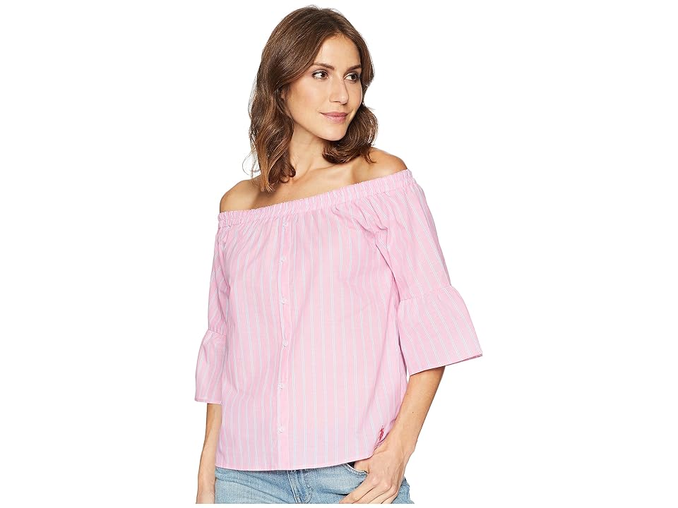 

U.S. POLO ASSN. Off Shoulder Striped Shirt (Pink Papaya) Women's Clothing