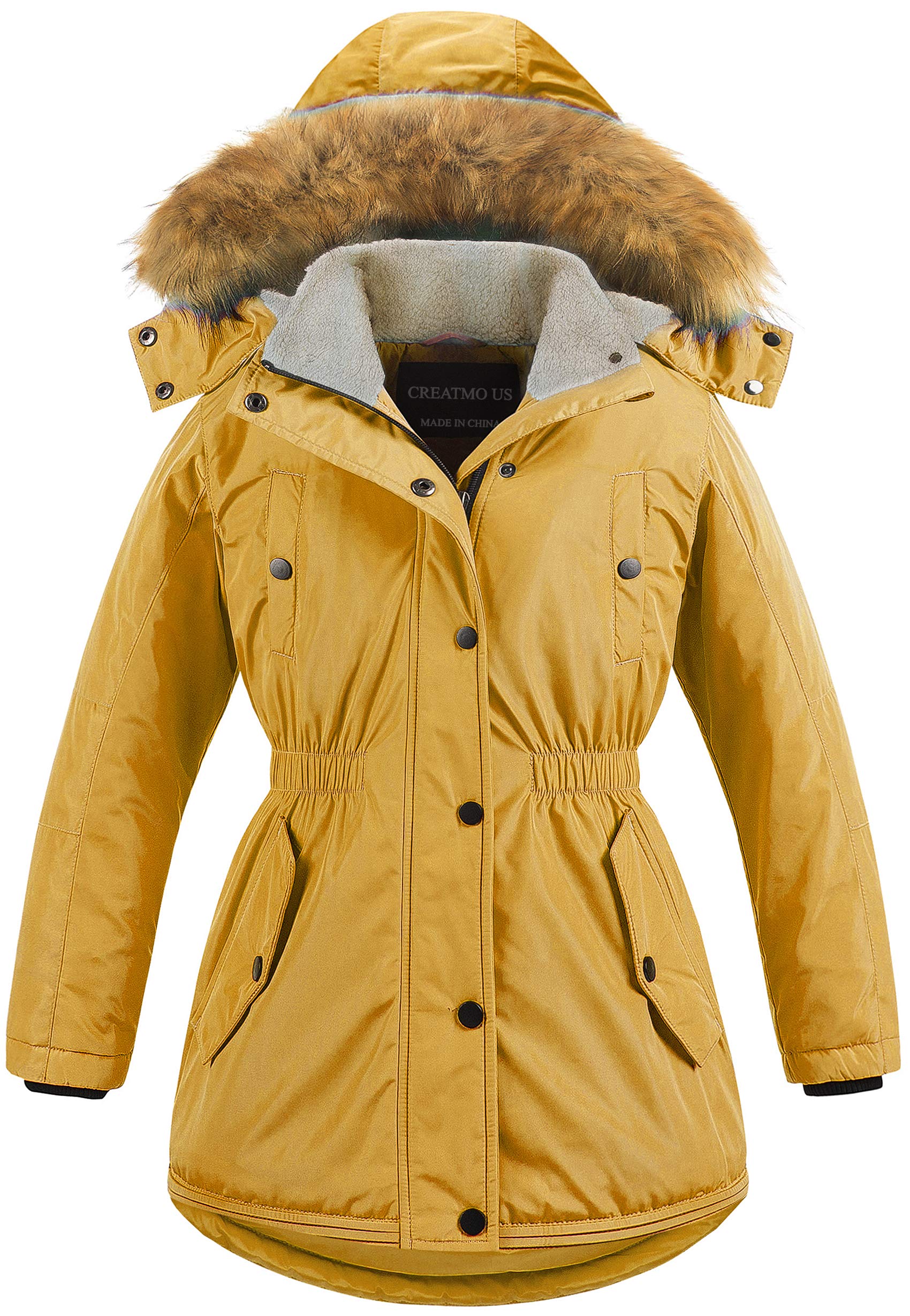 CREATMO US Girl's Winter Parka Water Resistant Warm Puffer Sherpa Jacket For Kids Yellow 14-16