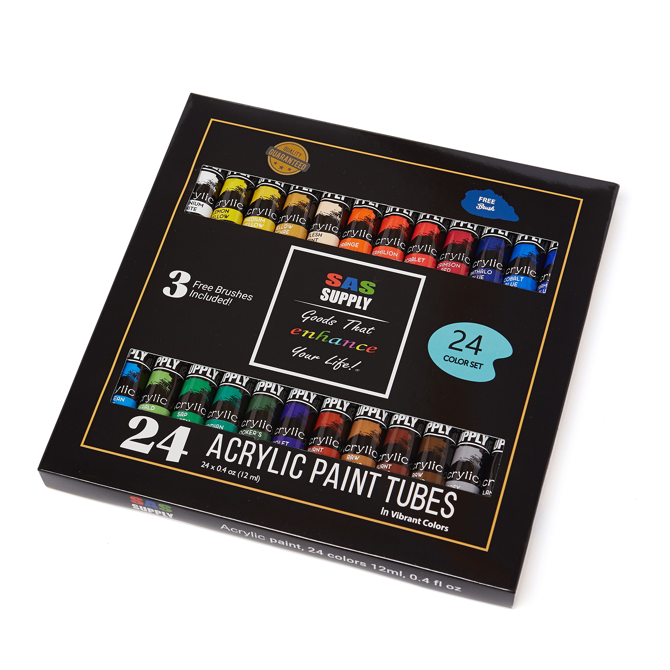 SAS Supply Acrylic Painting Set 24 Rich, Vibrant Colors for Beginners, Students & Professional Artists. Paint on Canvas, Paper, Wood, Ceramics & More. 3 Bonus Paintbrushes with Comfort Grip.