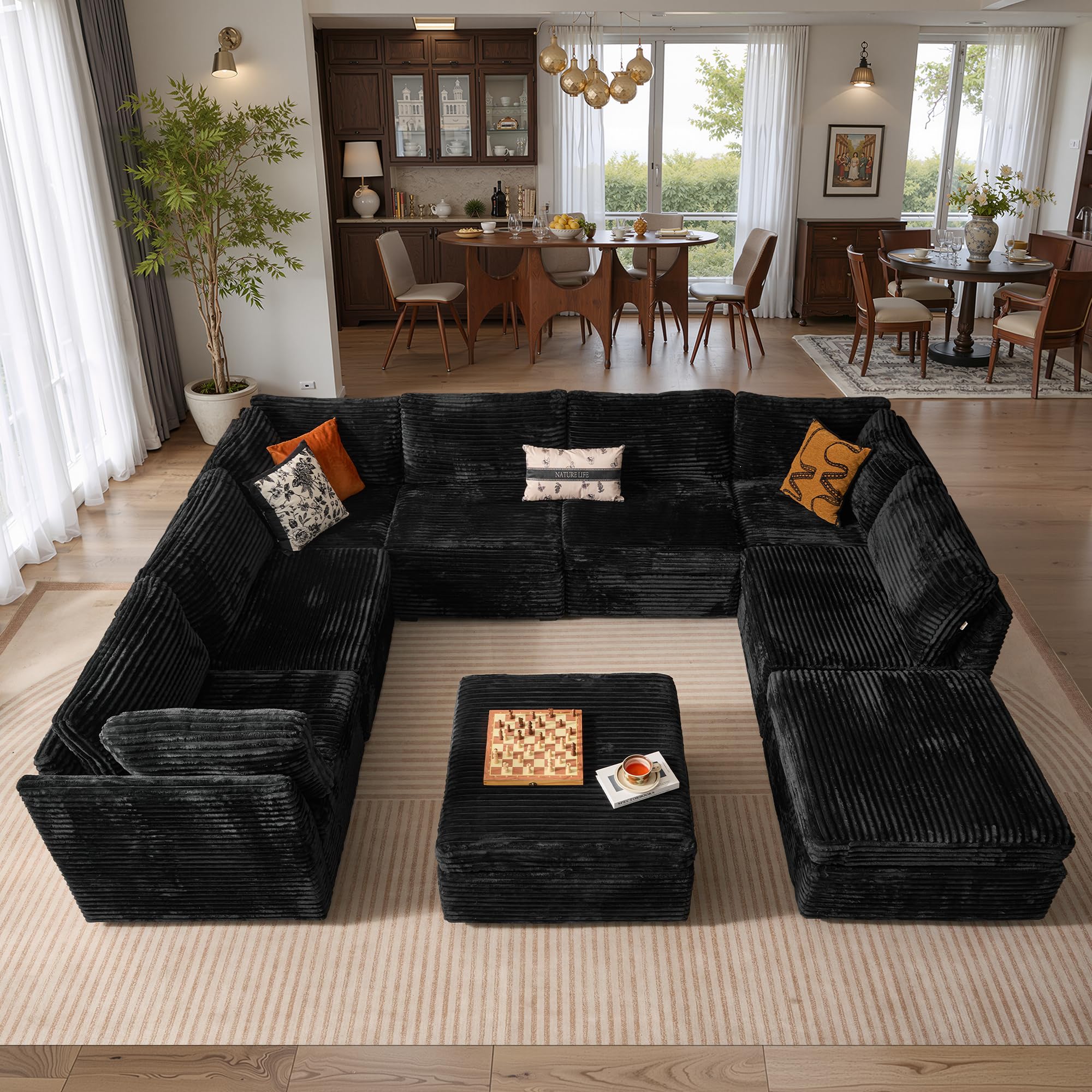 ovios Modular Sectional Sofa Couch with U-Shape Chaise Ottomans, Comfy Plush Corduroy Cloud Couches, Modern Luxury Deep Seat Sofas Set for Living Room, 9-Seater, Black
