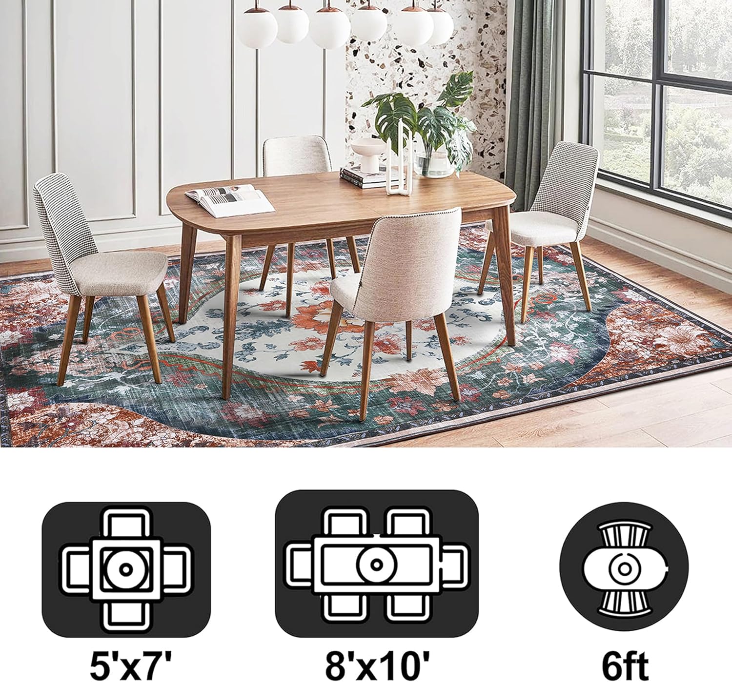 8x10 Washable Area Rugs Boho Vintage Living Room Large Non Slip Area Rug Distressed Printed Carpet for Dinning Room Bedroom Playroom Indoor Clearance (Beige/Orange,8x10ft)