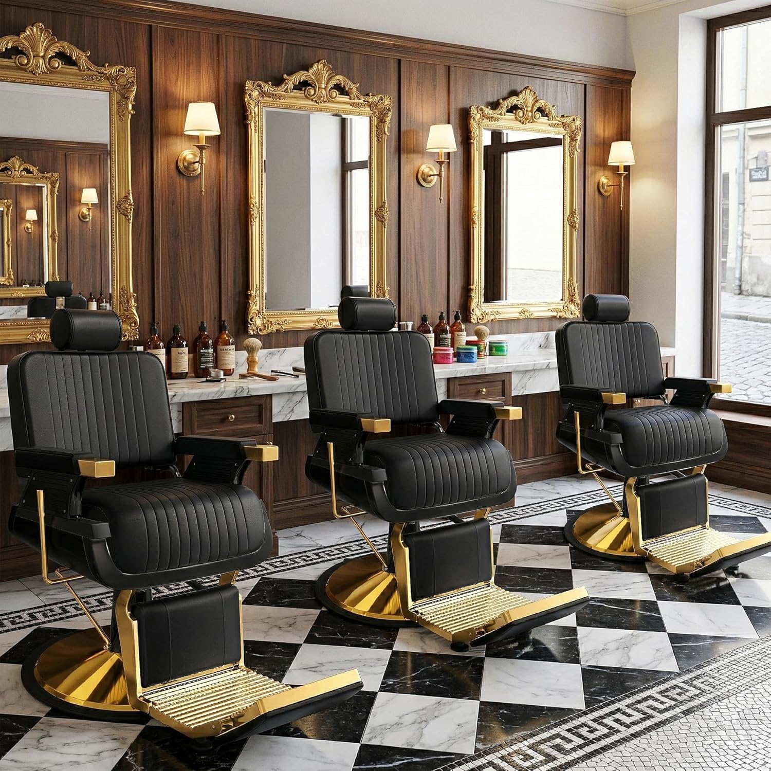 Reclining Barber Chair, Heavy Duty Hydraulic Barber Chair for Barbershop, Barber Salon Chairs with Vertical Stitch PU Leather, Adjustable Headrest & Footrest, 360° Swivel, Black and Gold