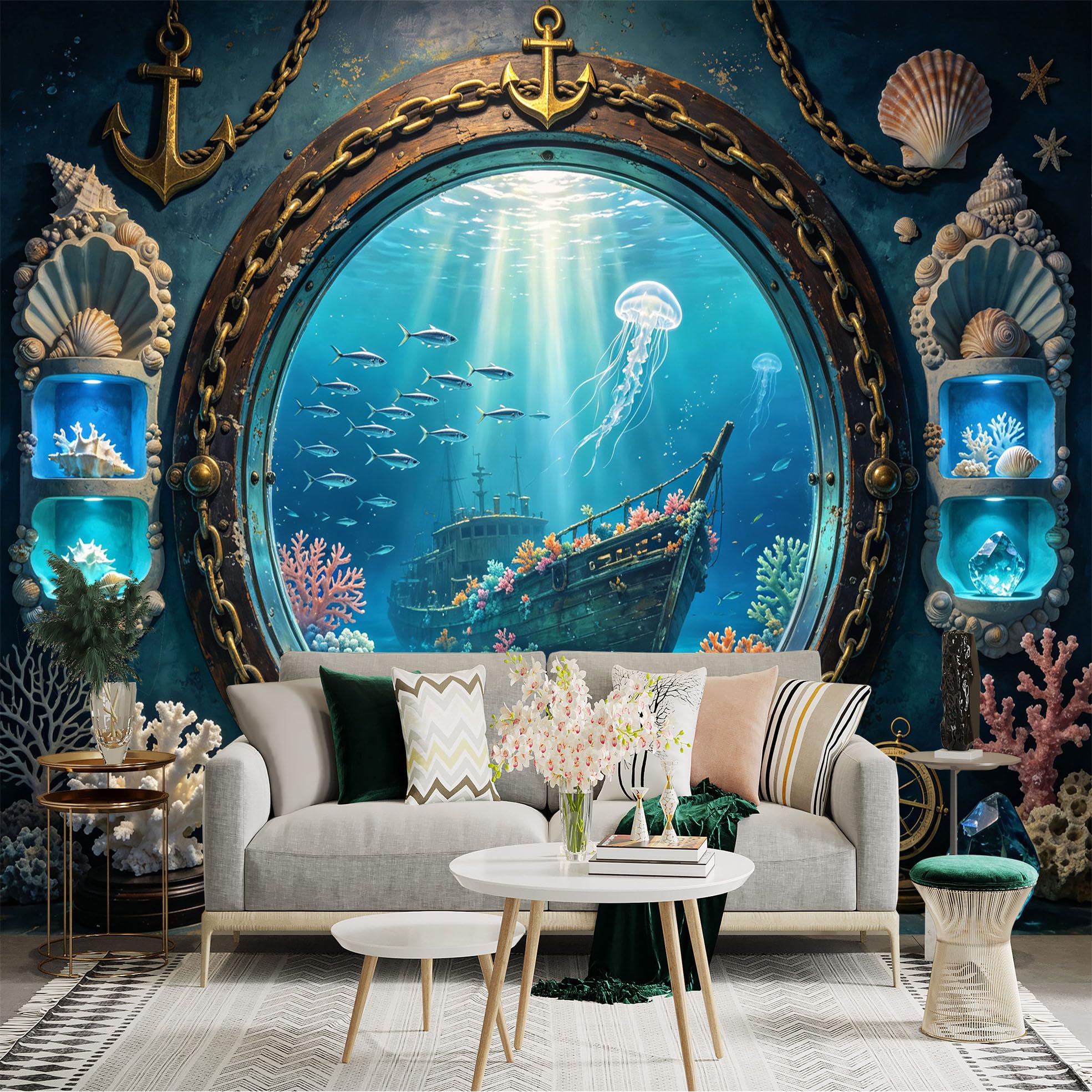 Custom Size Wall Sticker Mural， Underwater Shipwreck Ocean View Coral Reef and Jellyfish， for wall Decoration， peelandstick wall Decals.