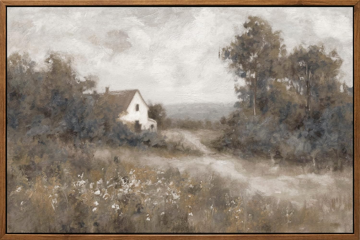 SLOHOOMAT Vintage Farmhouse Wall Art - 3D Prints Oil Painting with Simulated Hand-Painted Brushstrokes Authentic Texture, Museum-Quality Moody Countryside Landscape in Walnut Floating Frame, Gift Ready Packaging, 16"x24"