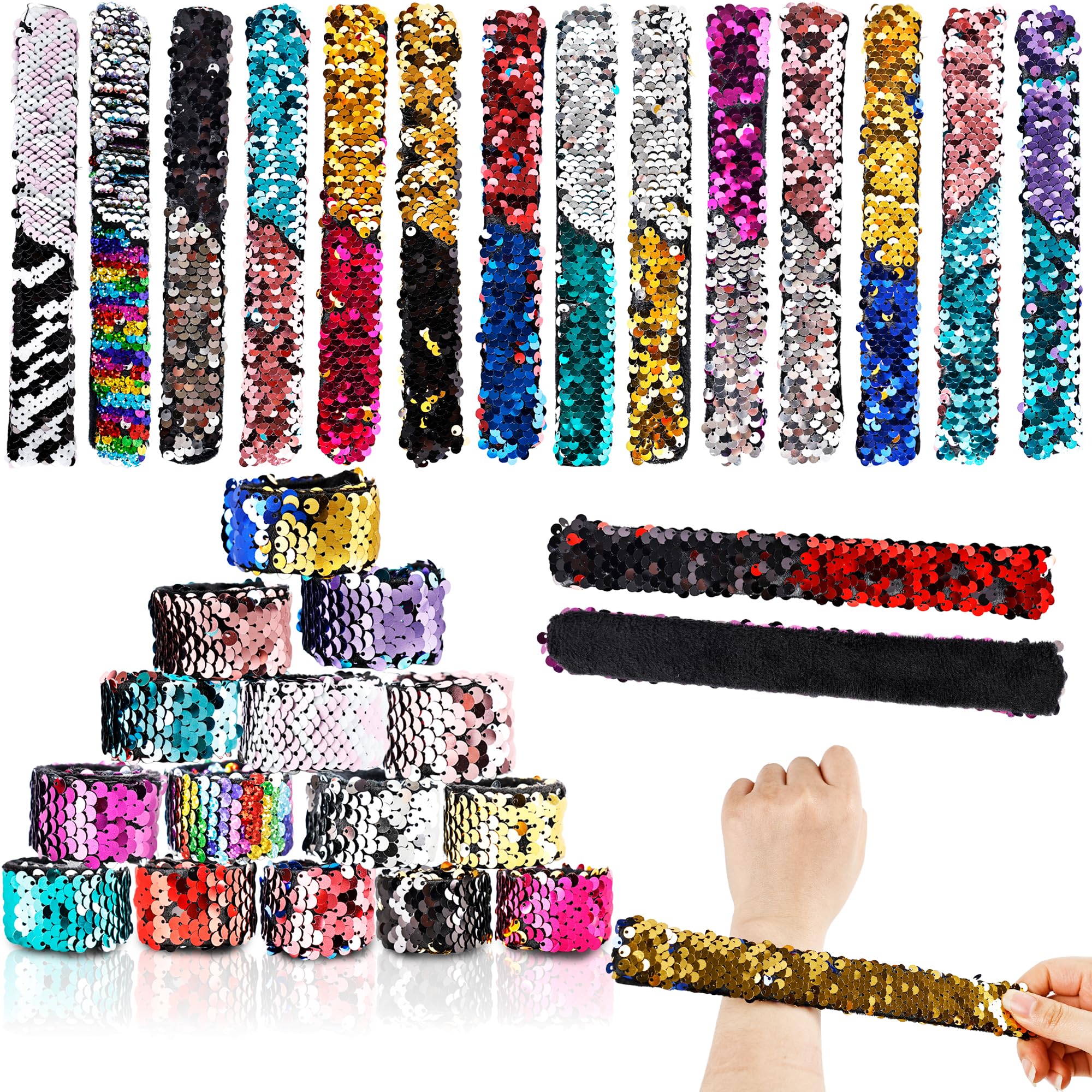 30 Pack Slap Bracelets Reversible Slap Bracelets Bulk Charm Sequins Horsetail Buckle Magic Wristband for Kids Hair Accessories Goodie Bag Fillers, 15 Colors