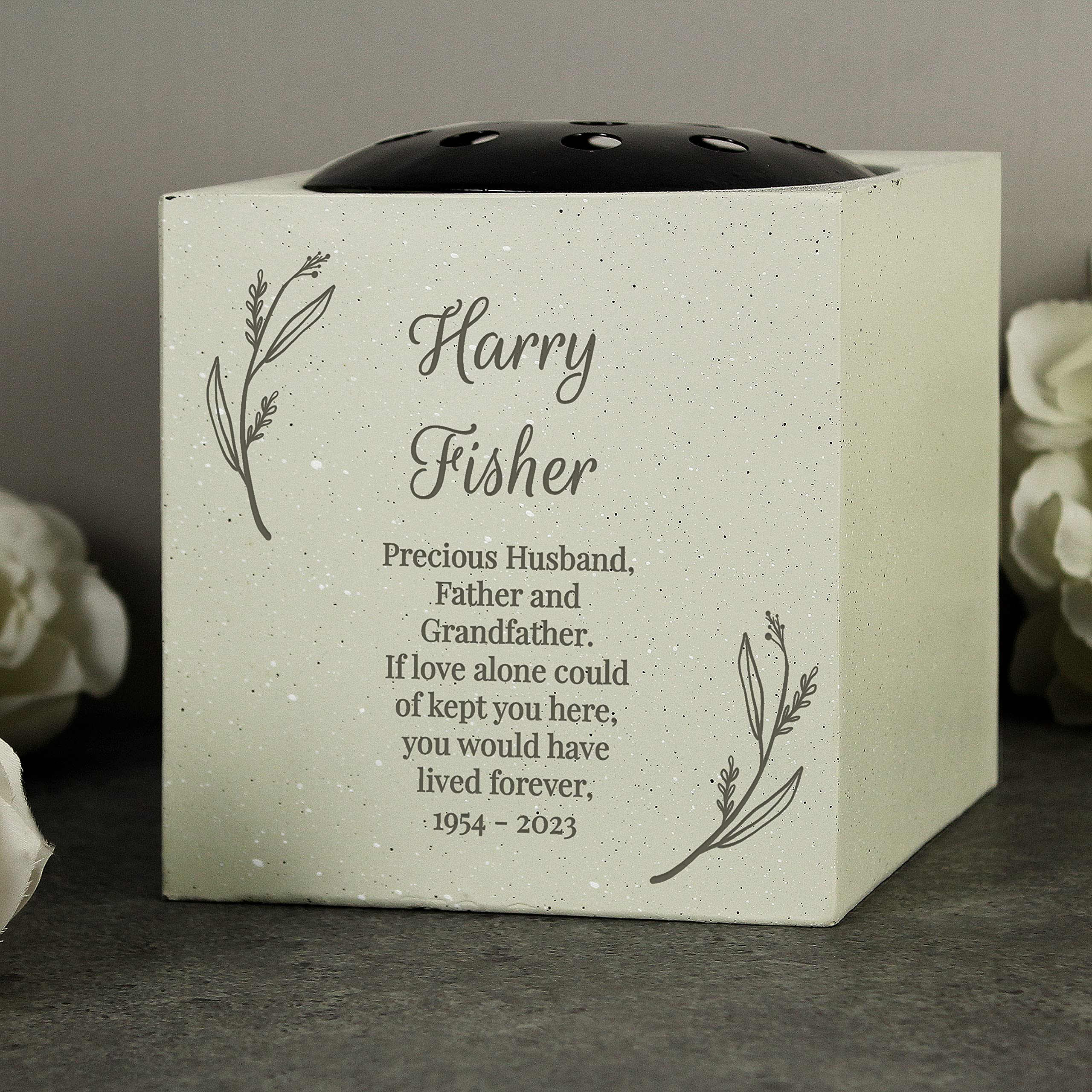 Personalised Memento Stone Effect Custom Personalised Botanical Memorial Graveside Flower Holder Vase Rose Bowl Engraved With Custom Message In Natural Resin