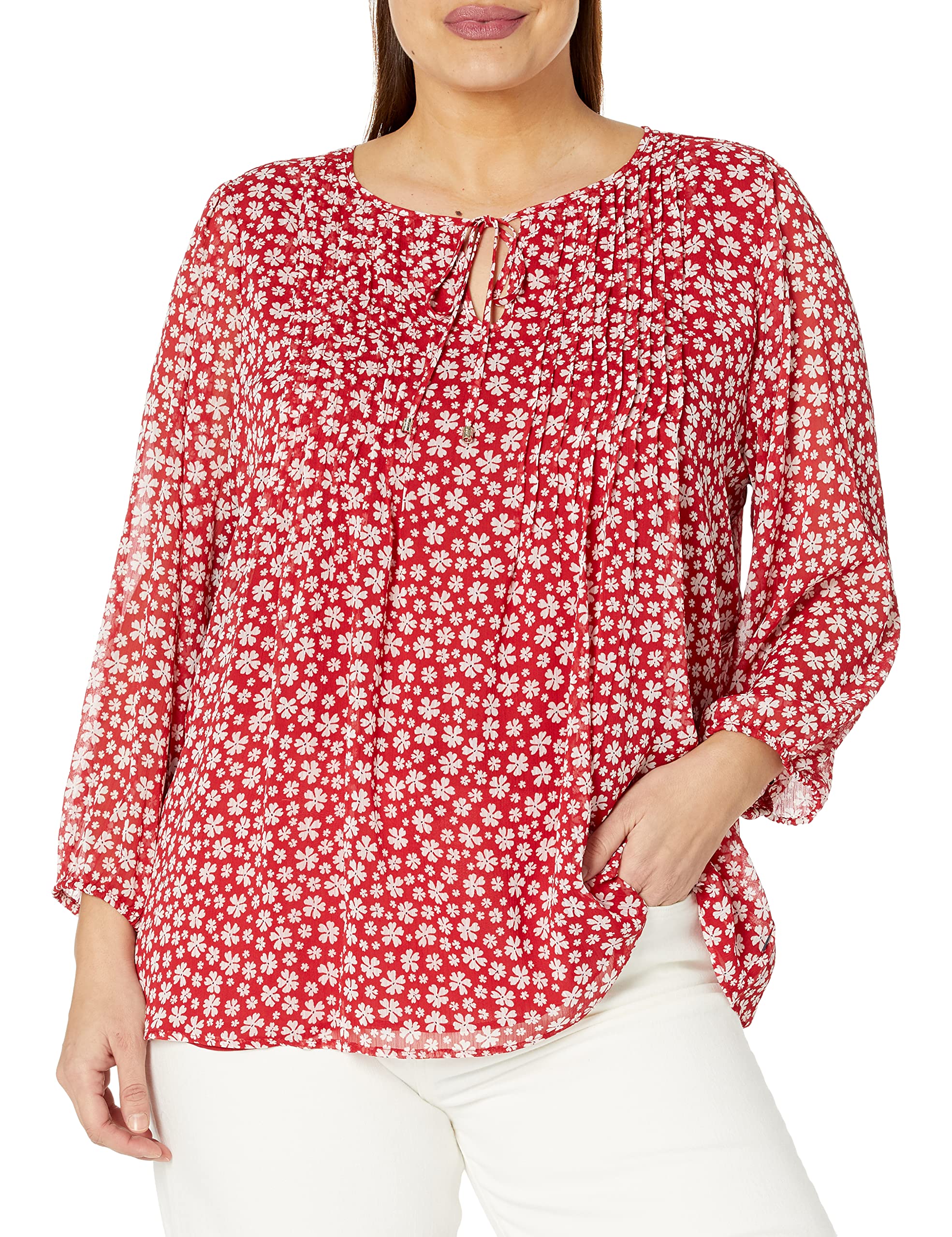 Tommy Hilfiger Damen Plus Langarm Bluse mit Bindedetail, Chili Multi, 2X