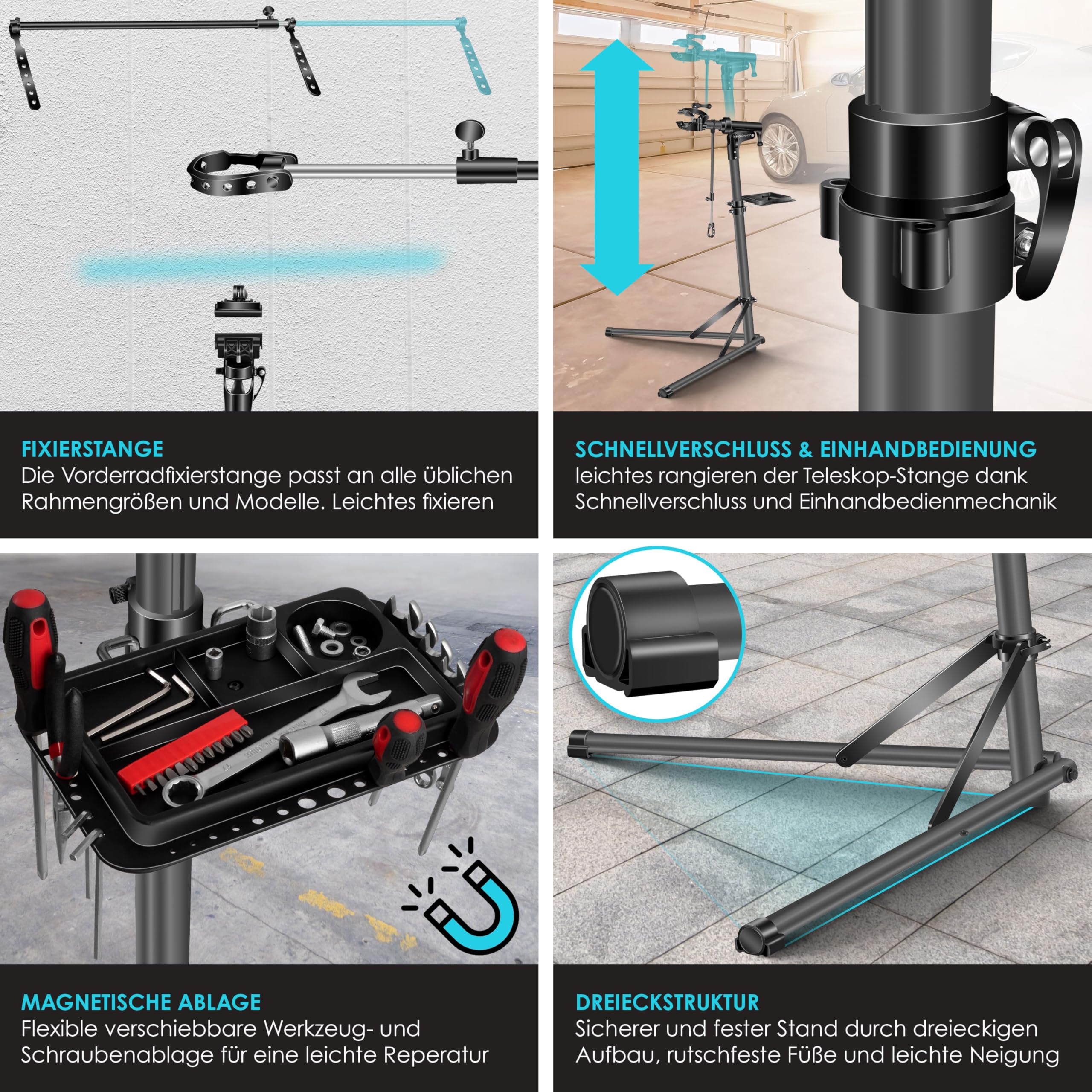 KESSER® Fahrradmontageständer Profi Alu Reparaturständer für Fahrräder Mountainbikes E-Bikes Schwerlast-Montageständer Fahrradständer 360° drehbar + Tasche, Flickzeug Set & magnetische Werkzeugablage