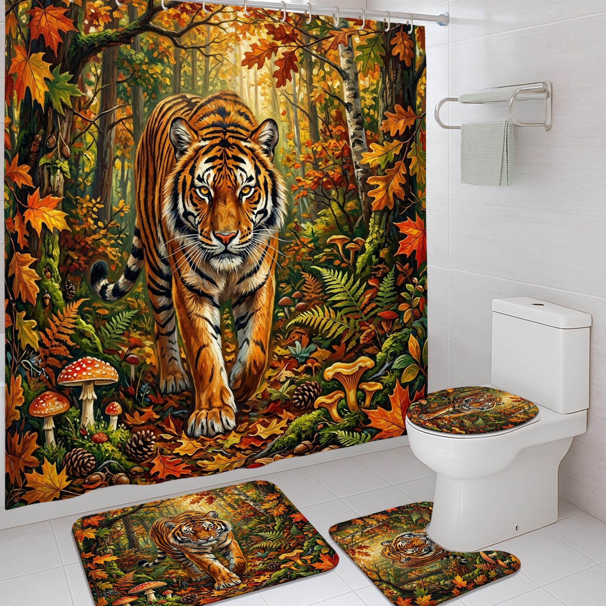 Rideau de douche tigre imperméable 183x183 cm pour stopper les éclaboussures avec tapis antidérapant