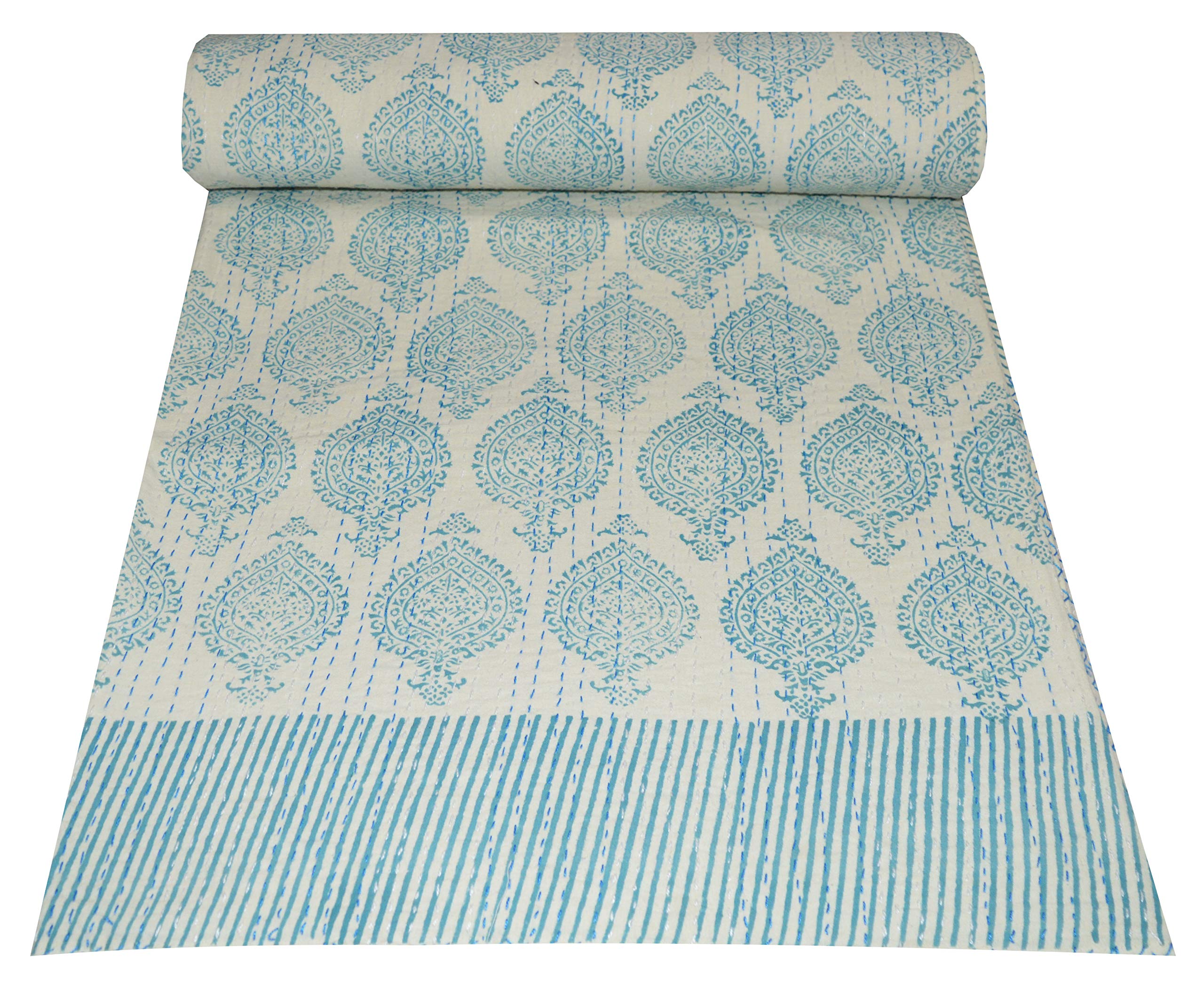 Majisacraft Indian White Hand Block Print Kantha Quilt Reversible Bedspread Handmade 100% Cotton Blanket Bedding Bed Cover Throw Vintage Decor 90 X 108 Inch Approx