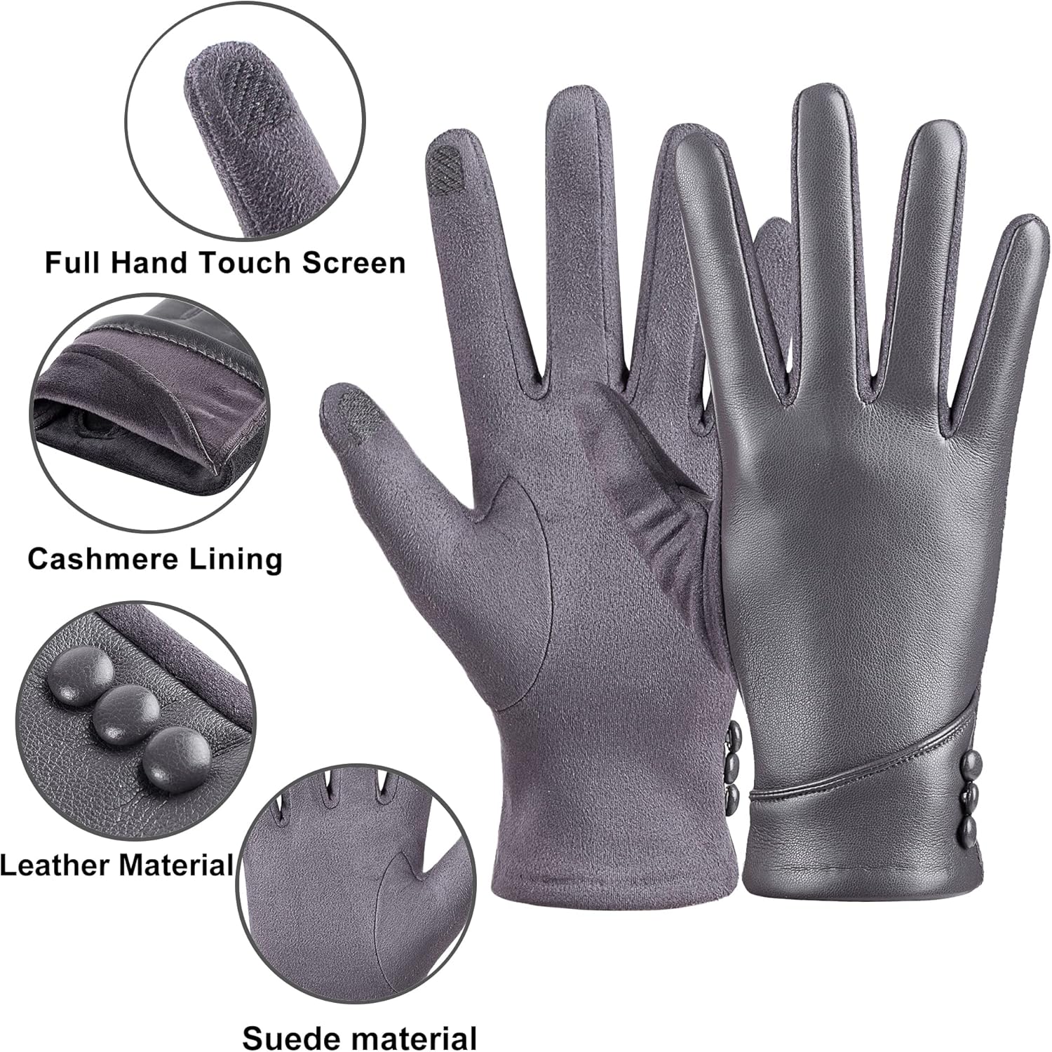Womens Winter Leather Gloves Touch Screen Wool Lined Windproof Warm Suede Fashion Dress Gloves - Image 4