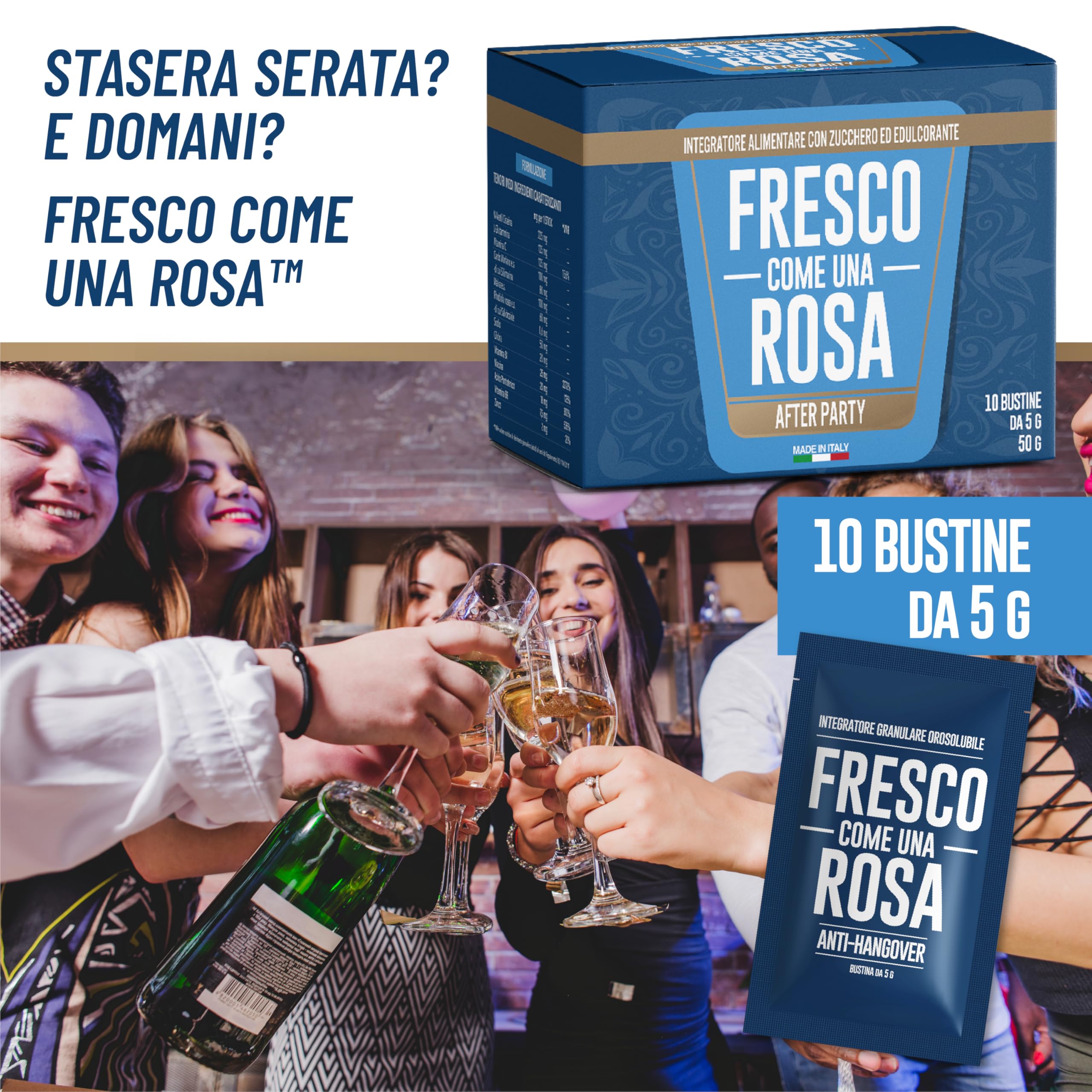 FRESCO COME UNA ROSA - Allevia i Postumi da Sbornia - Integratore Anti Hangover - Riduce Mal di Testa, Nausea e Bruciore di Stomaco - 10 Bustine