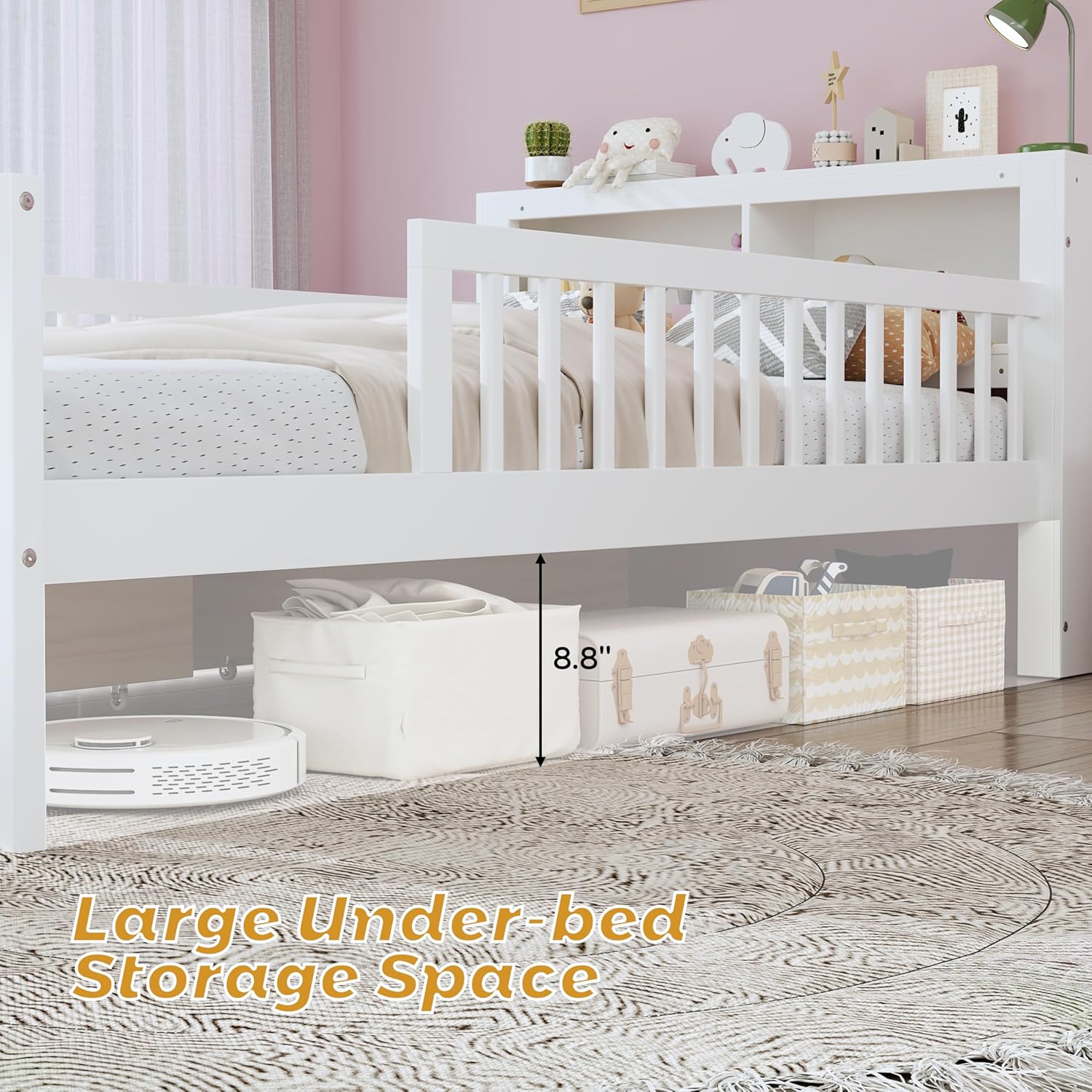 Pine Wood Platform Bed with 2 Under-Bed Drawers and Guardrails for Kids Teens, Space-Saving Twin Size Wooden Bed Frame with Storage Rack Headboard for Bedroom, No Box Spring Needed & Easy Assemble